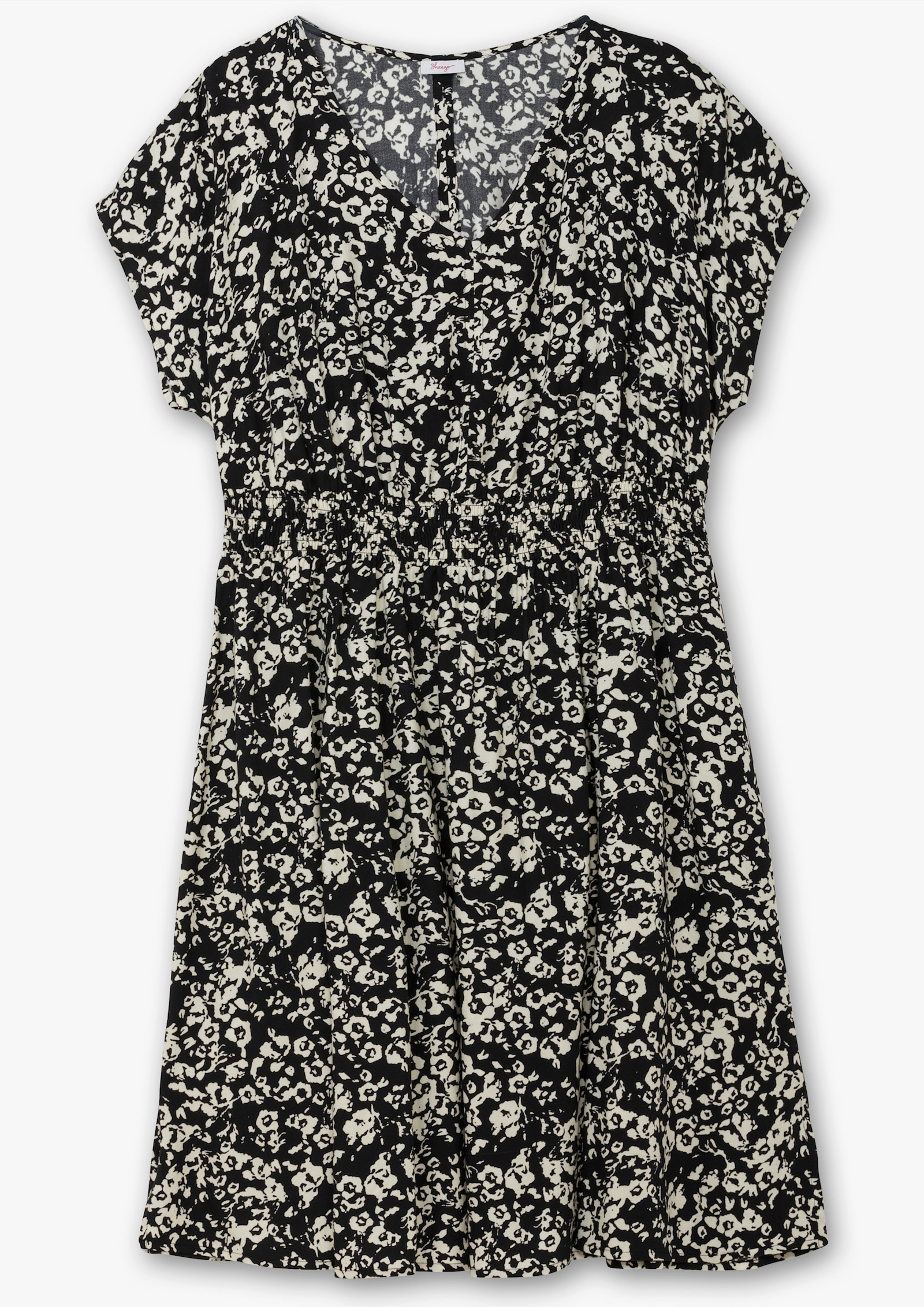 sheego Sommerkleid mit Smokbund und weitem Rock - schwarz bedruckt