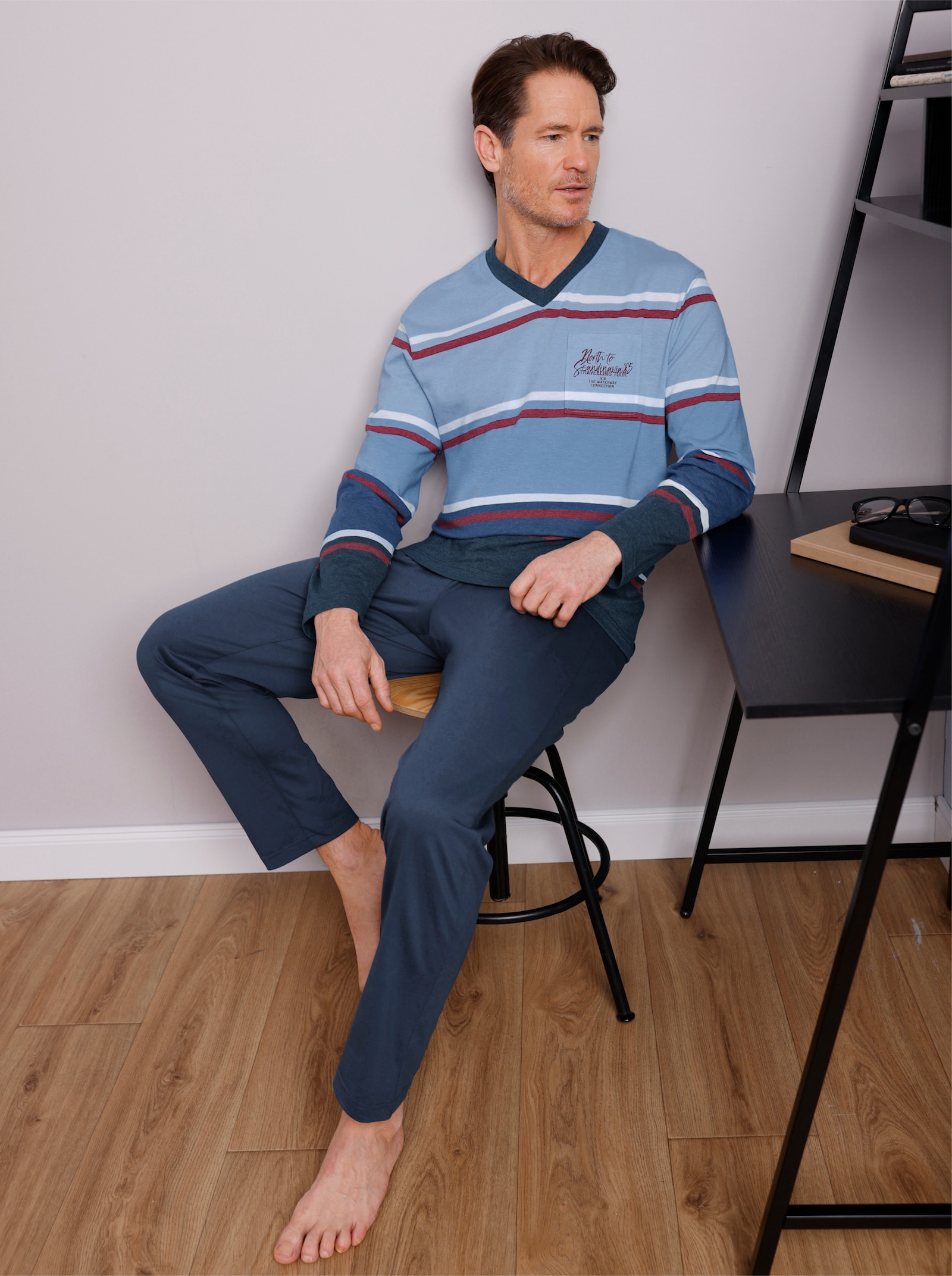 wäschepur men Schlafanzug - dunkelblau-eisblau-gestreift