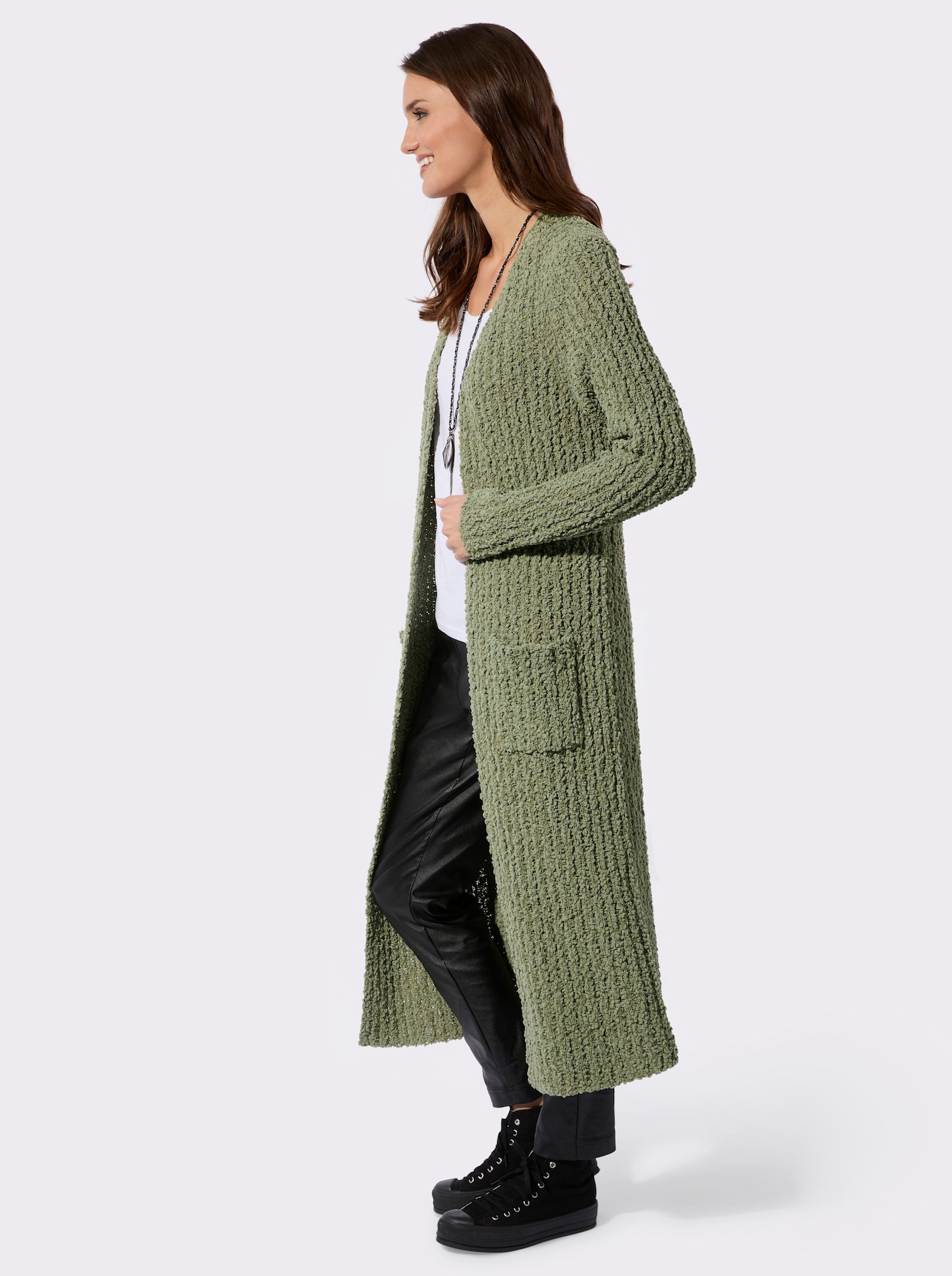 Longstrickjacke in offener Form - khaki