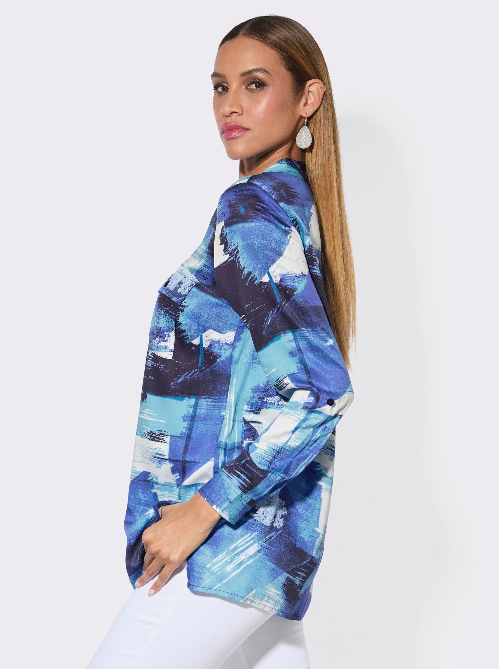Longbluse - royalblau-marine-bedruckt