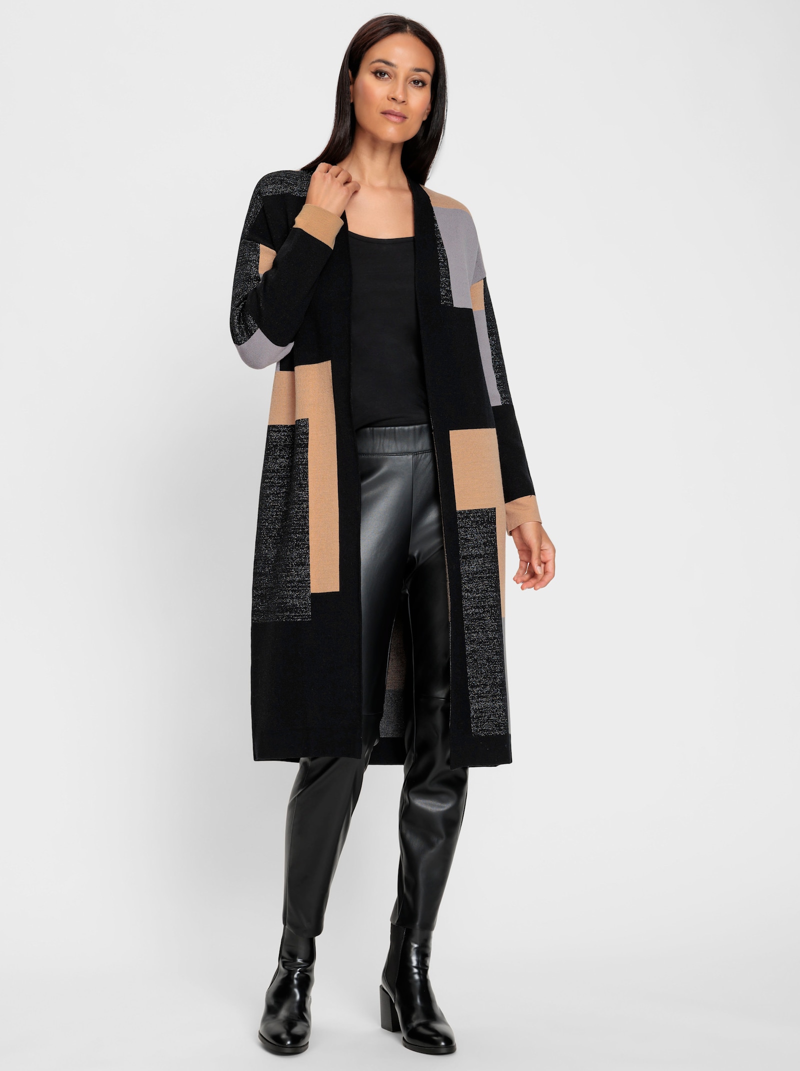 heine Jacquardstrickjacke mit grafischem Dessin - schwarz-camel-gemustert