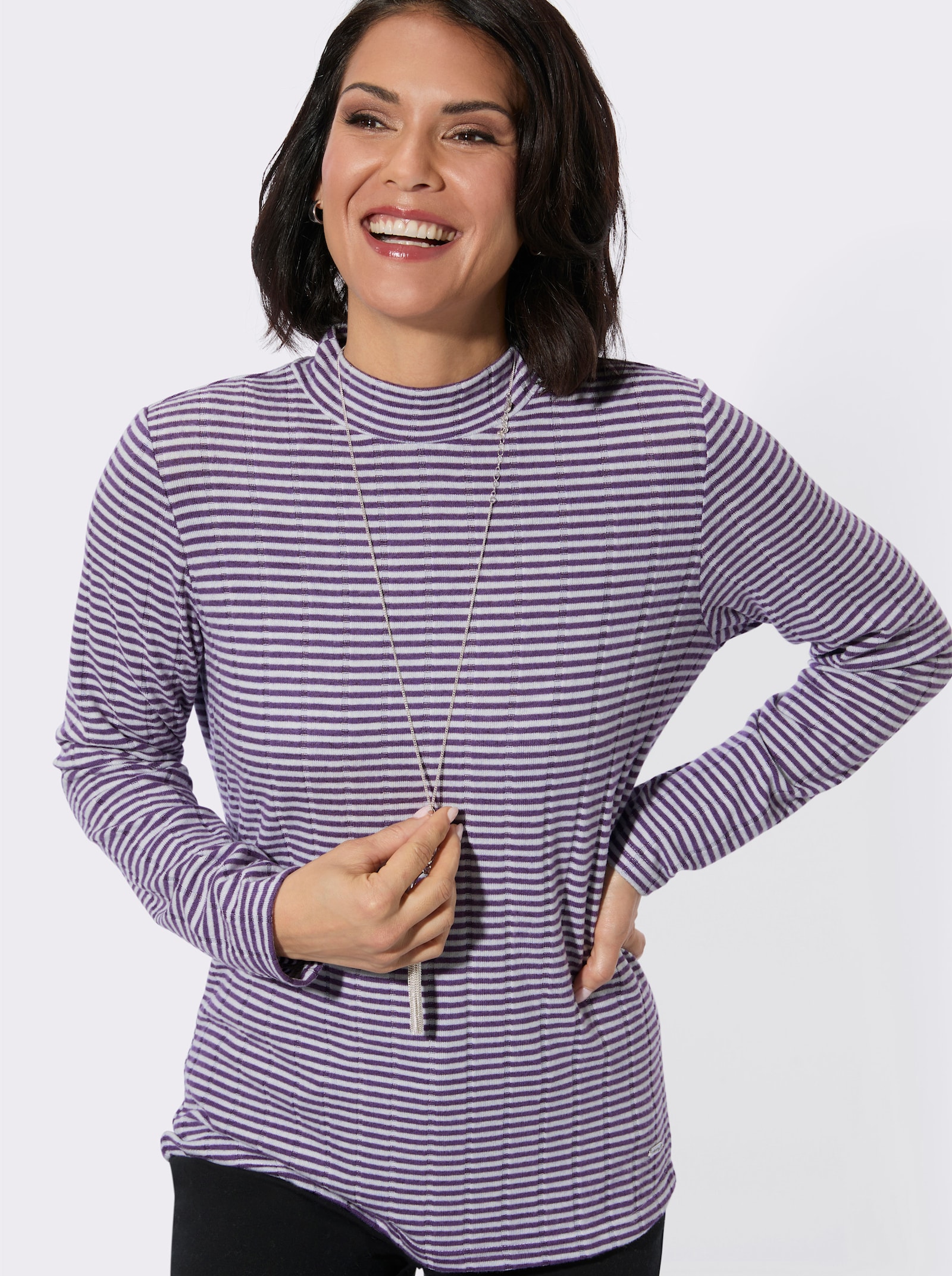 Langarmshirt mit Stehkragen - feige-ecru-geringelt