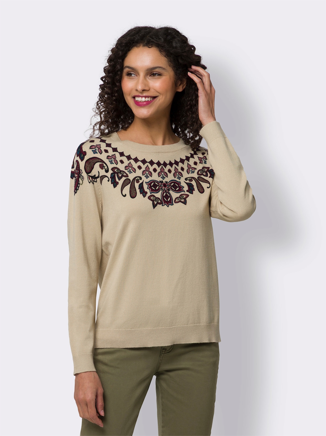 heine Pullover met ronde hals - zand/bordeaux bedrukt