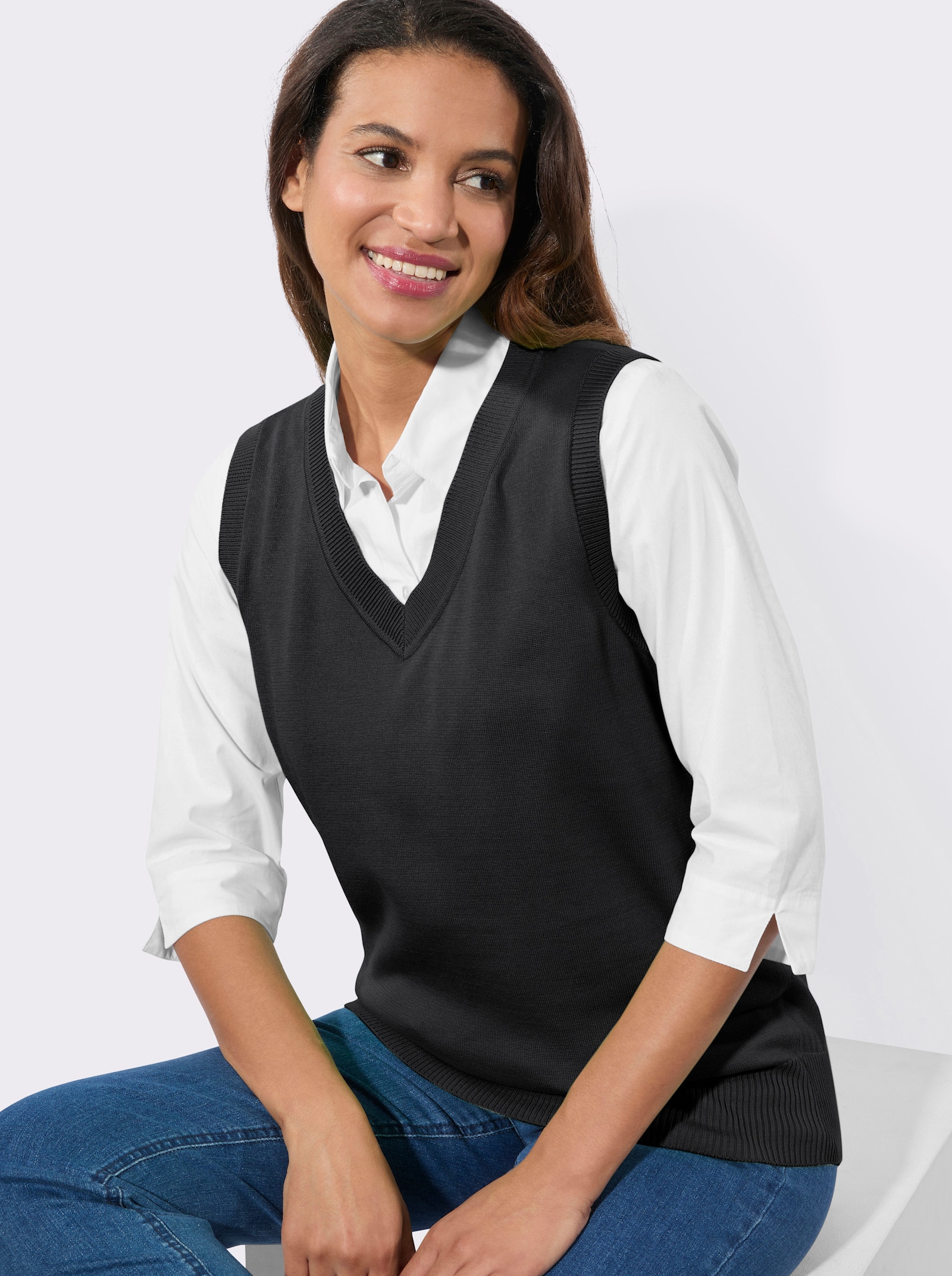 Pullunder mit gerippten Abschlüssen - schwarz