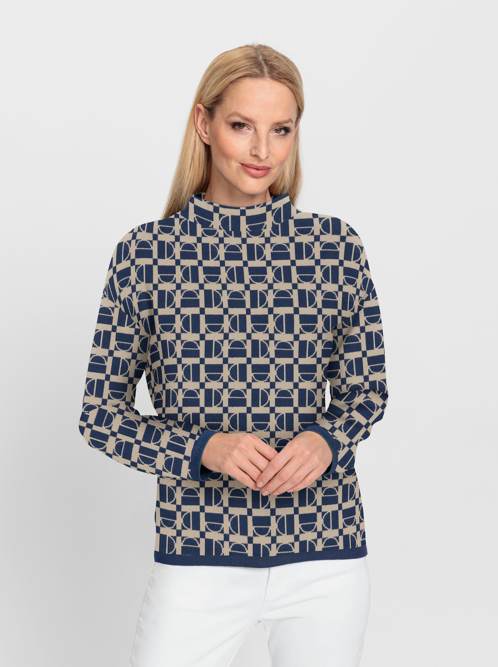 heine Stehkragenpullover in grafischem Jacquard-Muster - dunkelblau-beige-gemustert