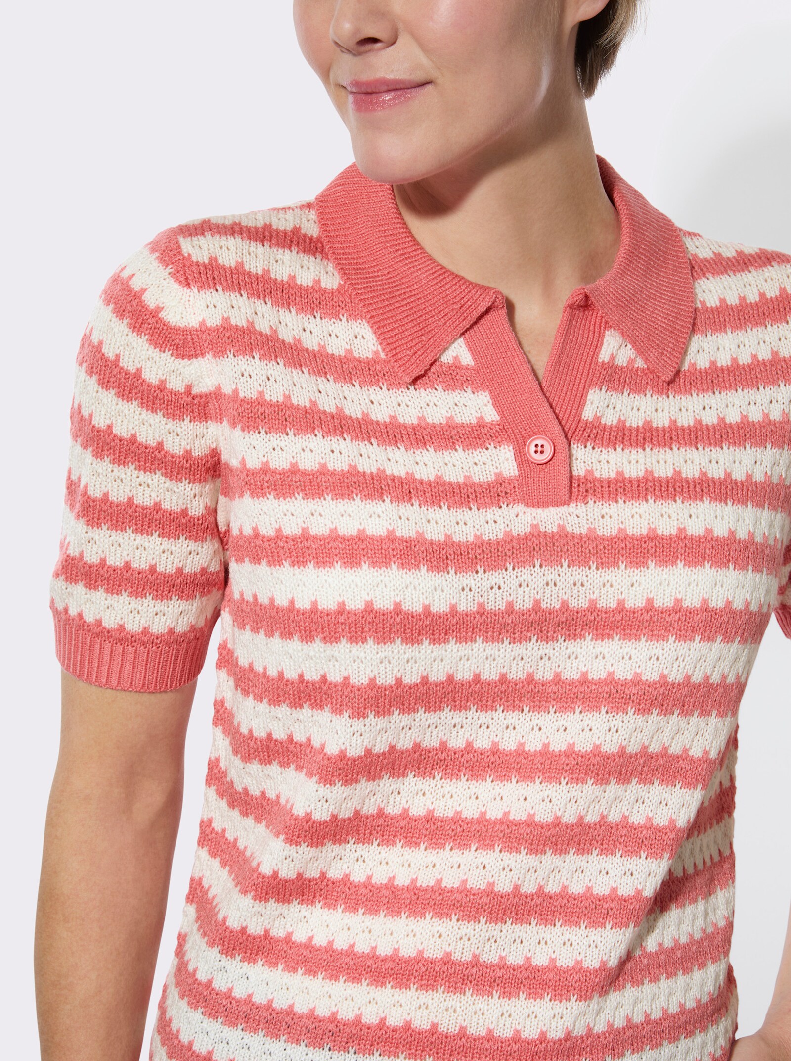 Polopullover mit Ajourmuster - flamingo-ecru-geringelt