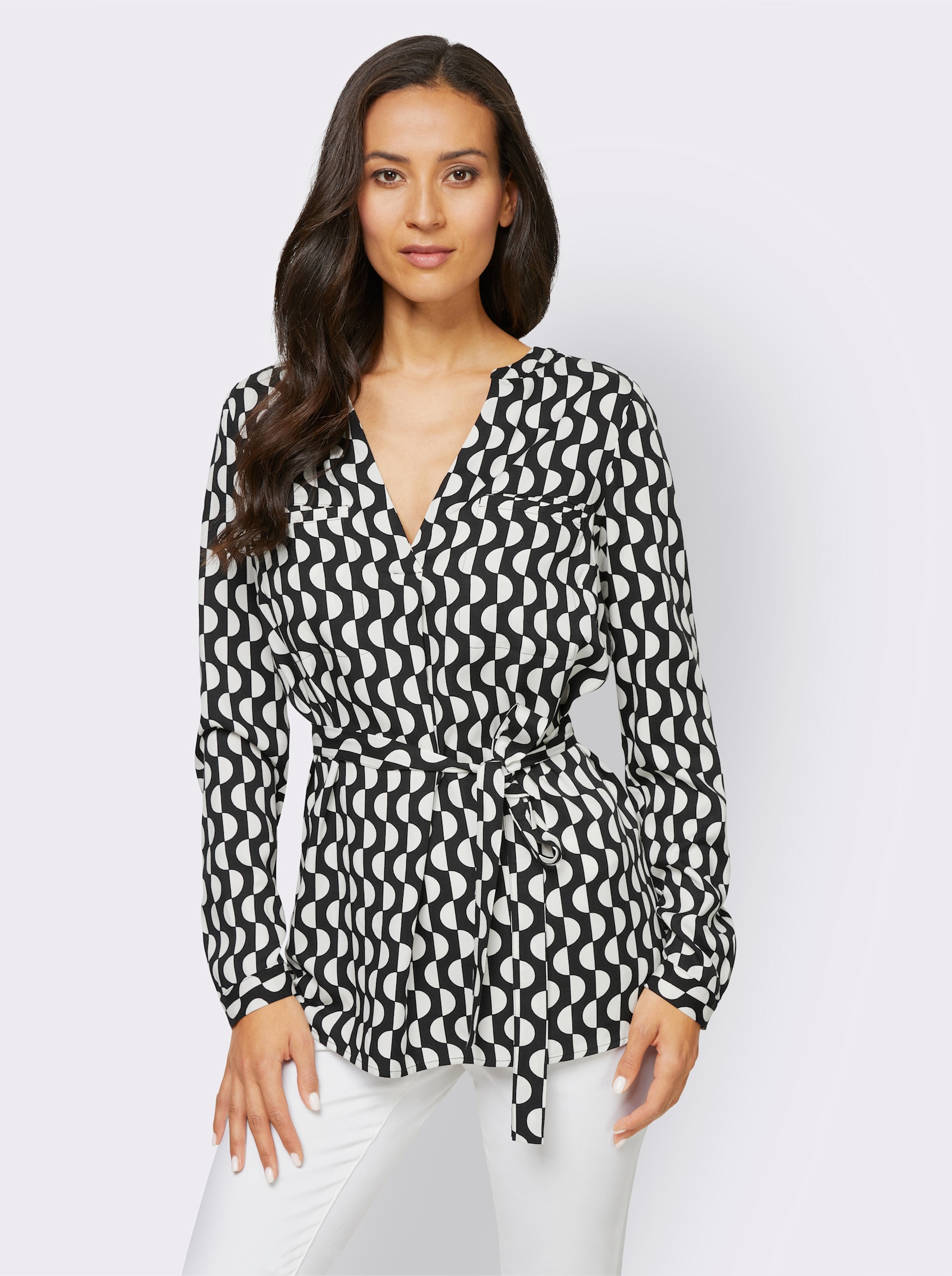 heine Schlupf-Bluse mit V-Ausschnitt - schwarz-ecru