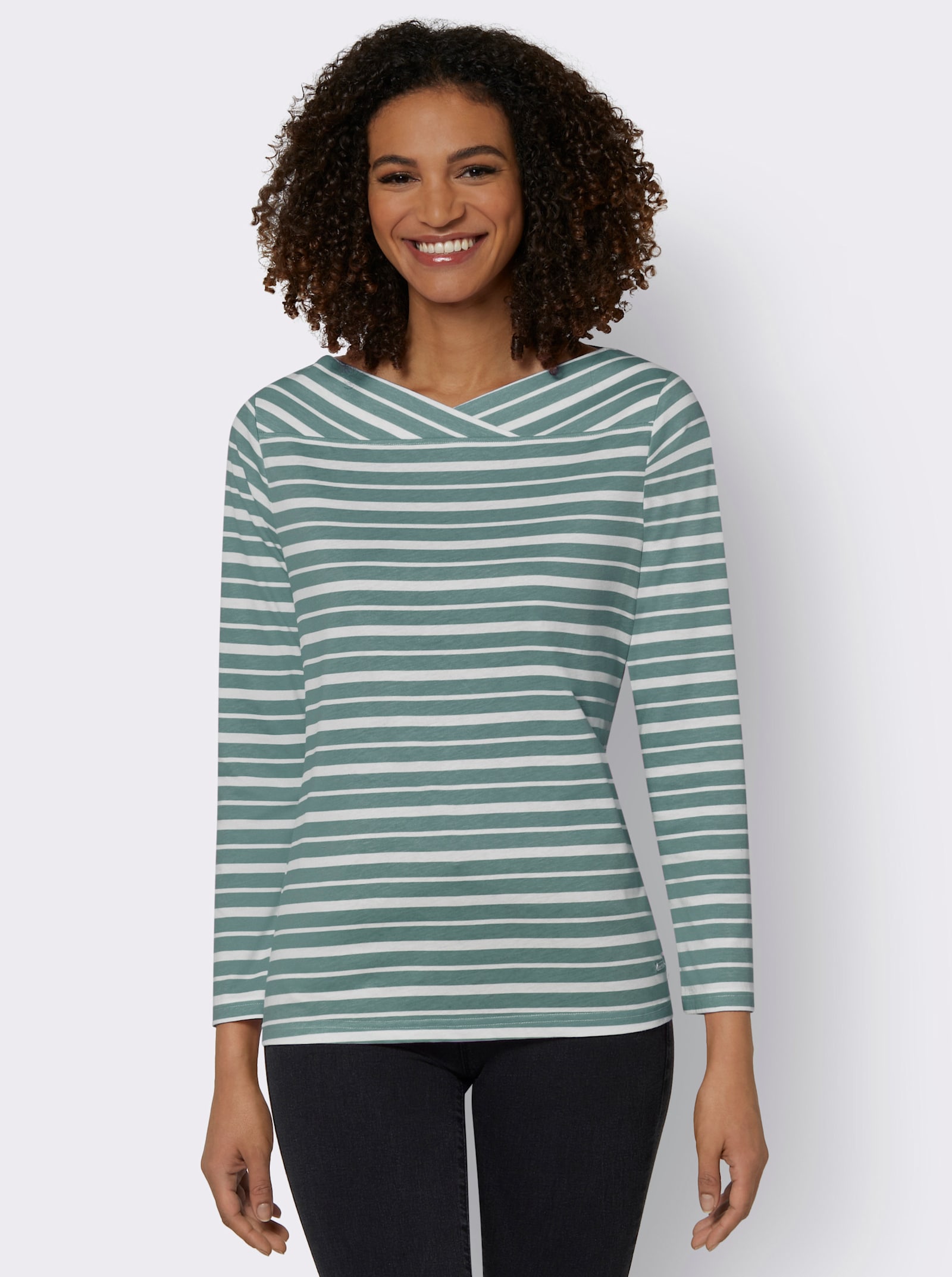 Gestreept shirt met overlappende hals - jade/champagne gestreept