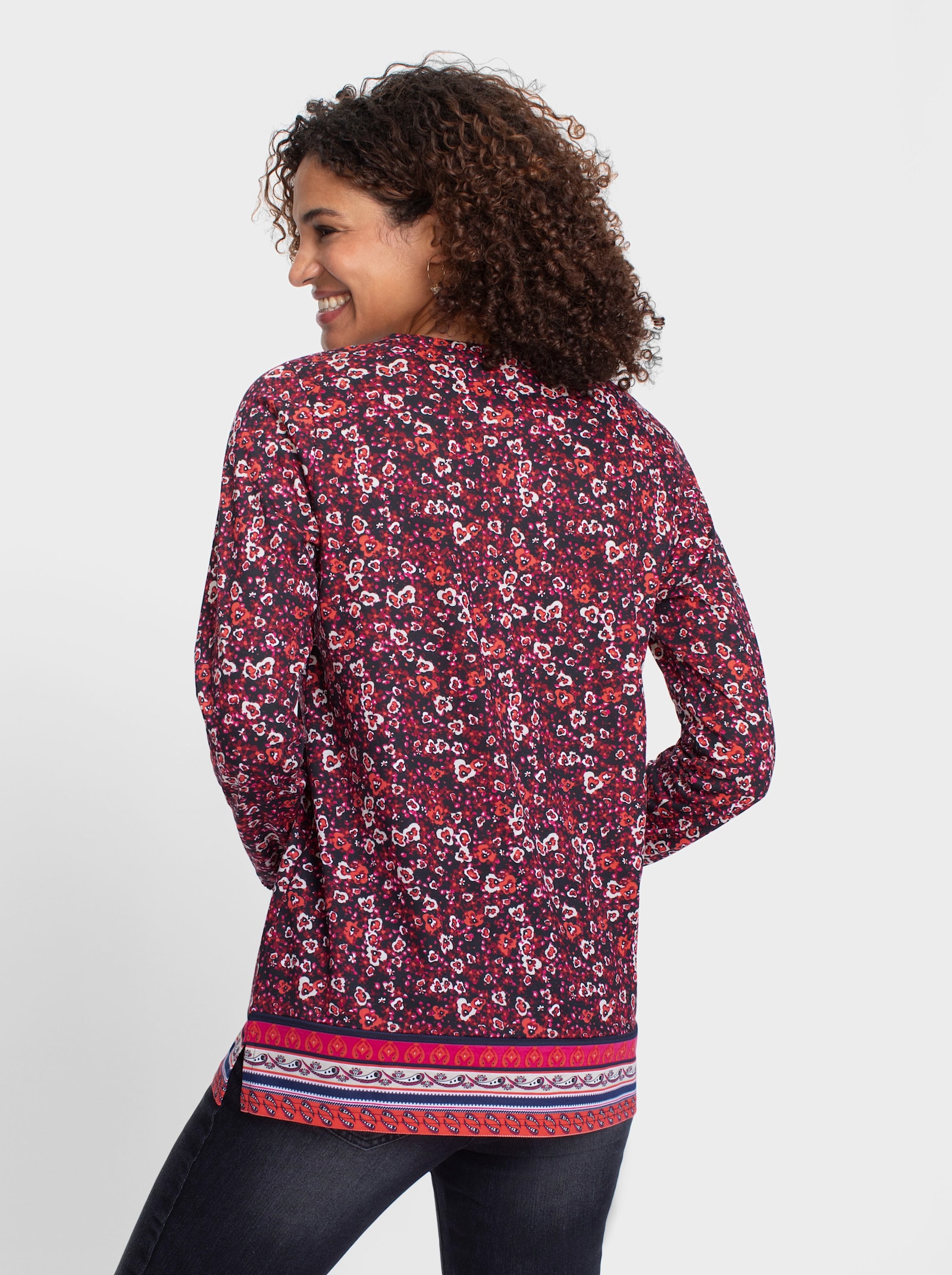 Langarmshirt mit Bordüren-Print, geblümt - schwarz-dunkelrot-gemustert