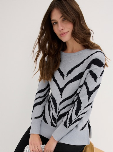 Langarm-Pullover mit Glanzgarn - steingrau-schwarz