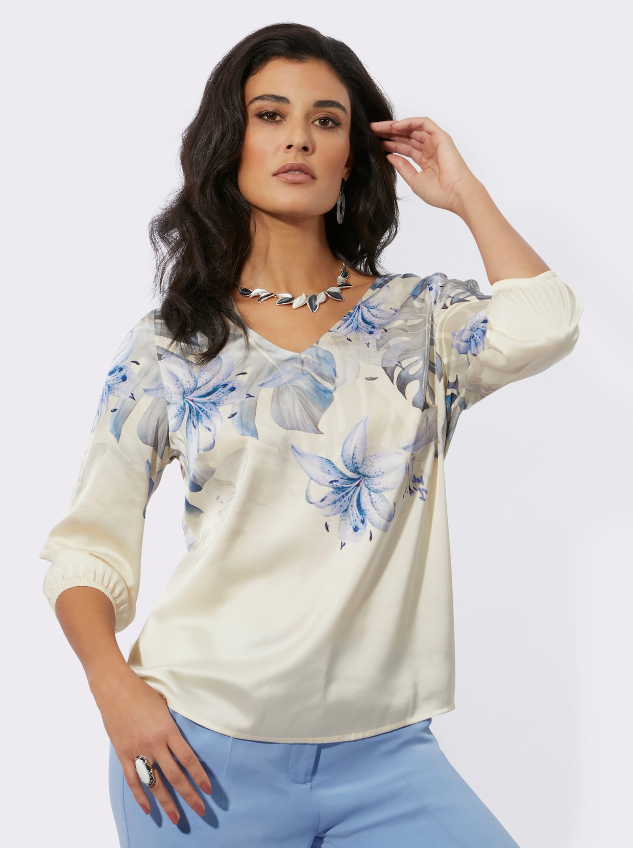 Druckbluse - eisblau-champagner-bedruckt