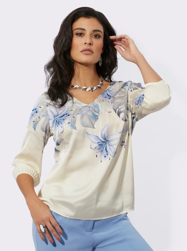Druckbluse aus Matt-Satin - eisblau-champagner-bedruckt
