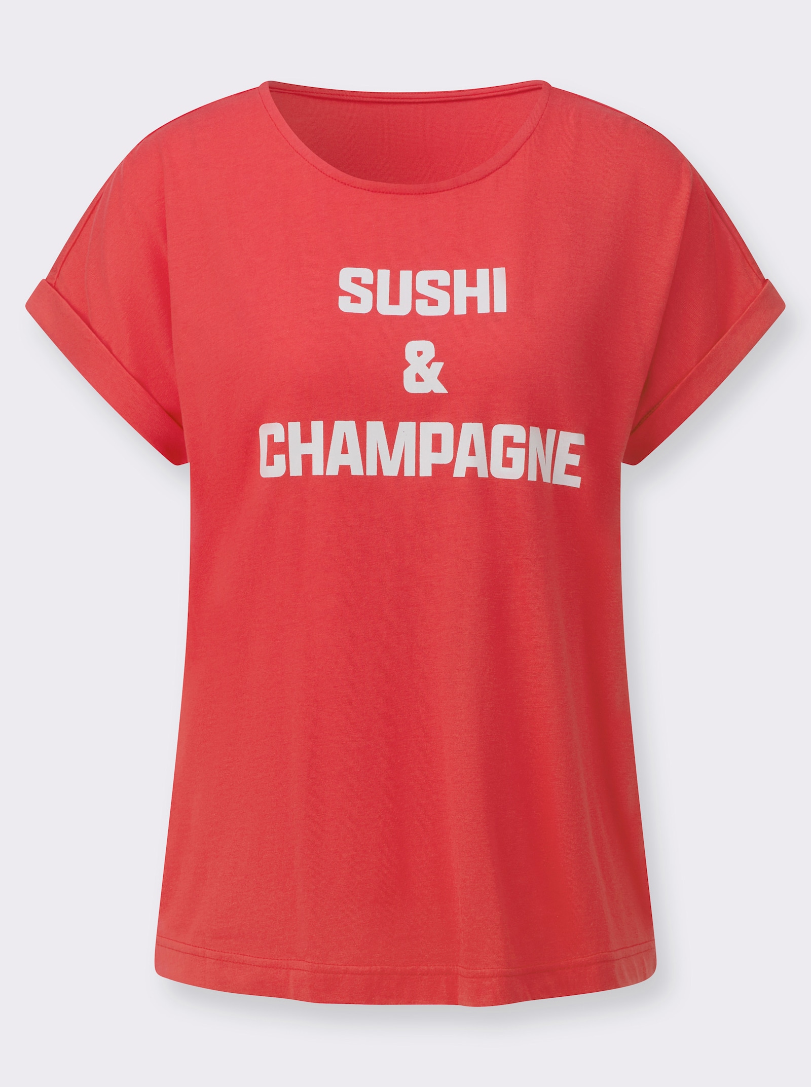 Rundhalsshirt mit Schriftzug - erdbeere-weiß