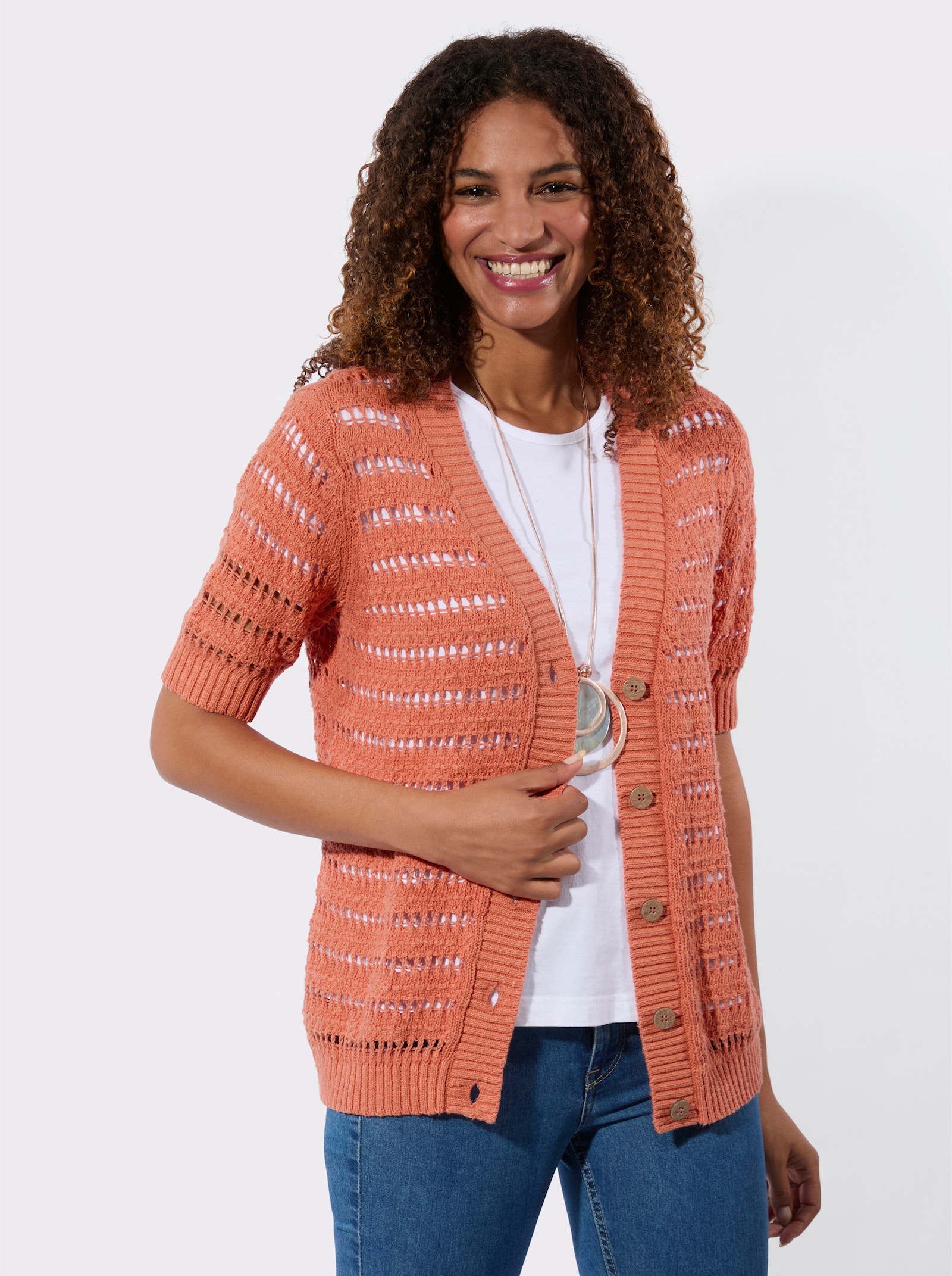 Ajourstrickjacke mit Bouclé Struktur - papaya
