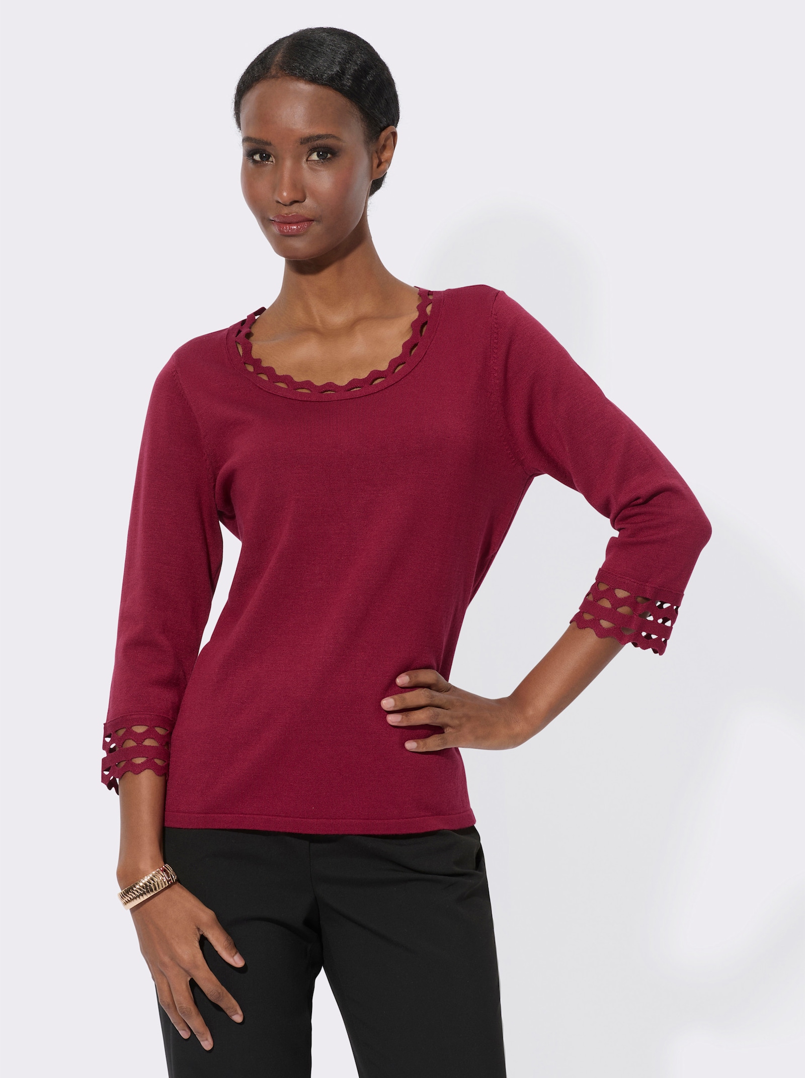 Pullover met 3/4-mouwen in exclusieve materiaalmix - donkerrood