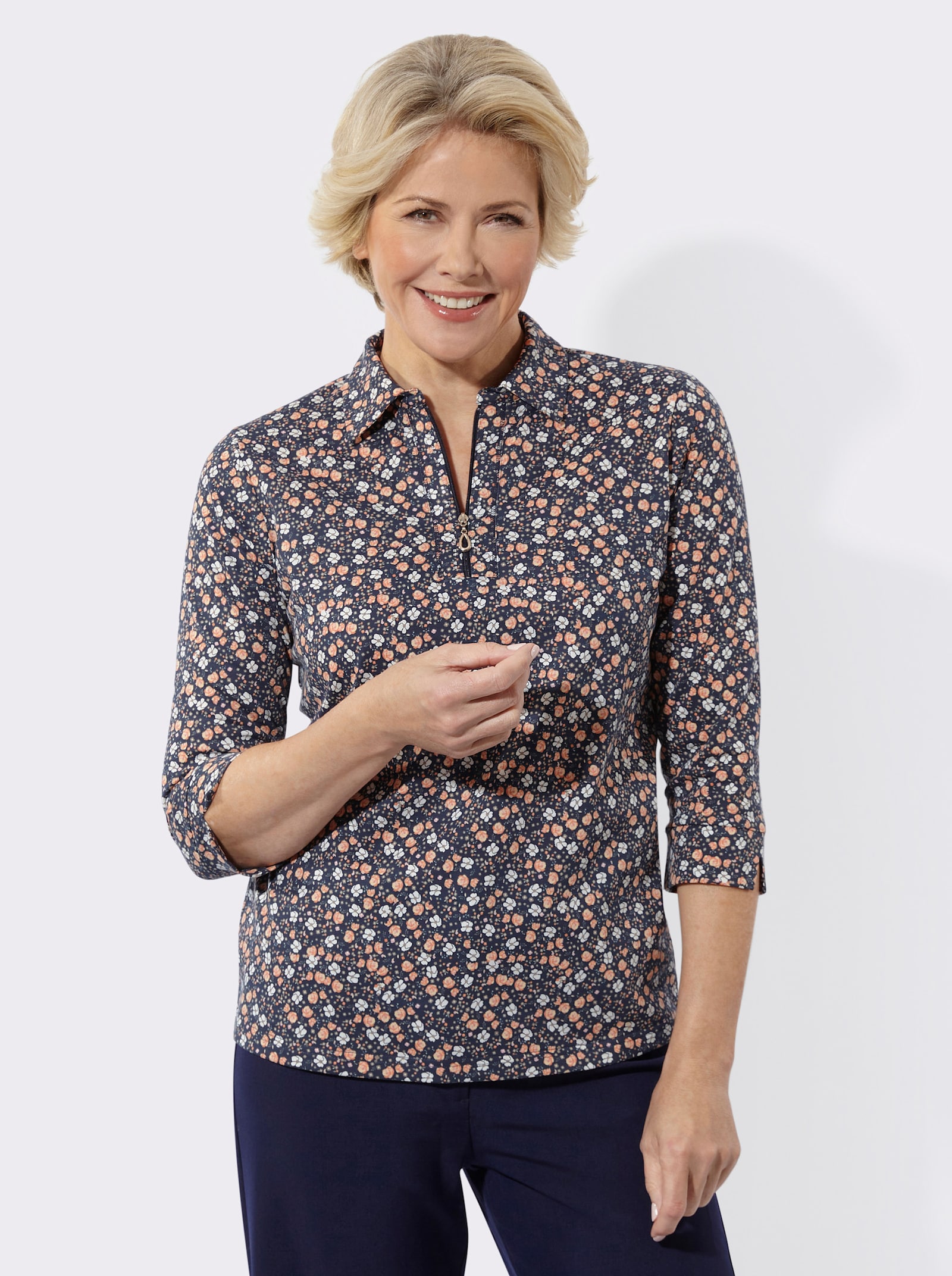 Poloshirt mit Glitzersteinchen - marine-papaya-bedruckt