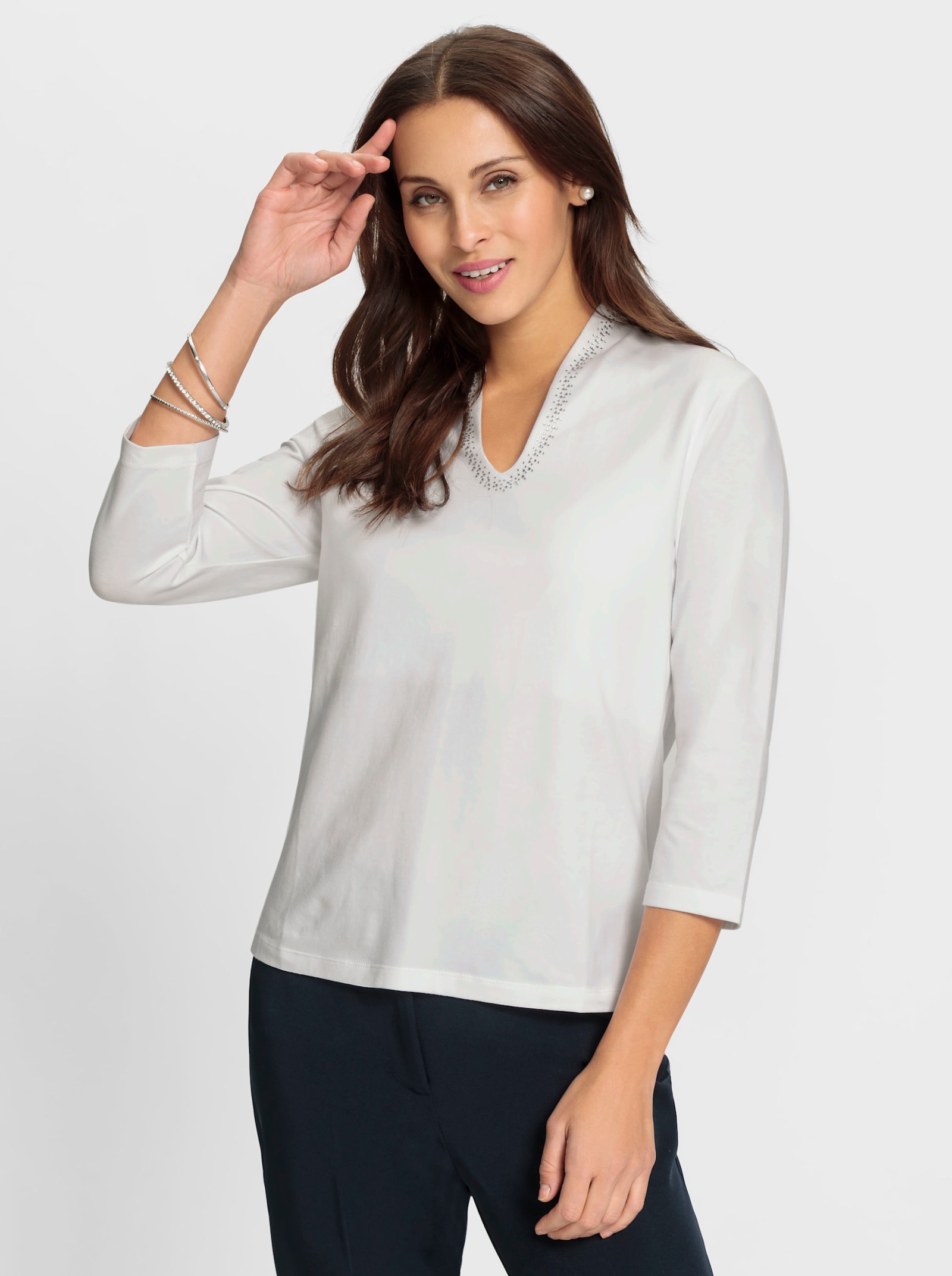 Shirt met V-hals en glittersteentjes - wit