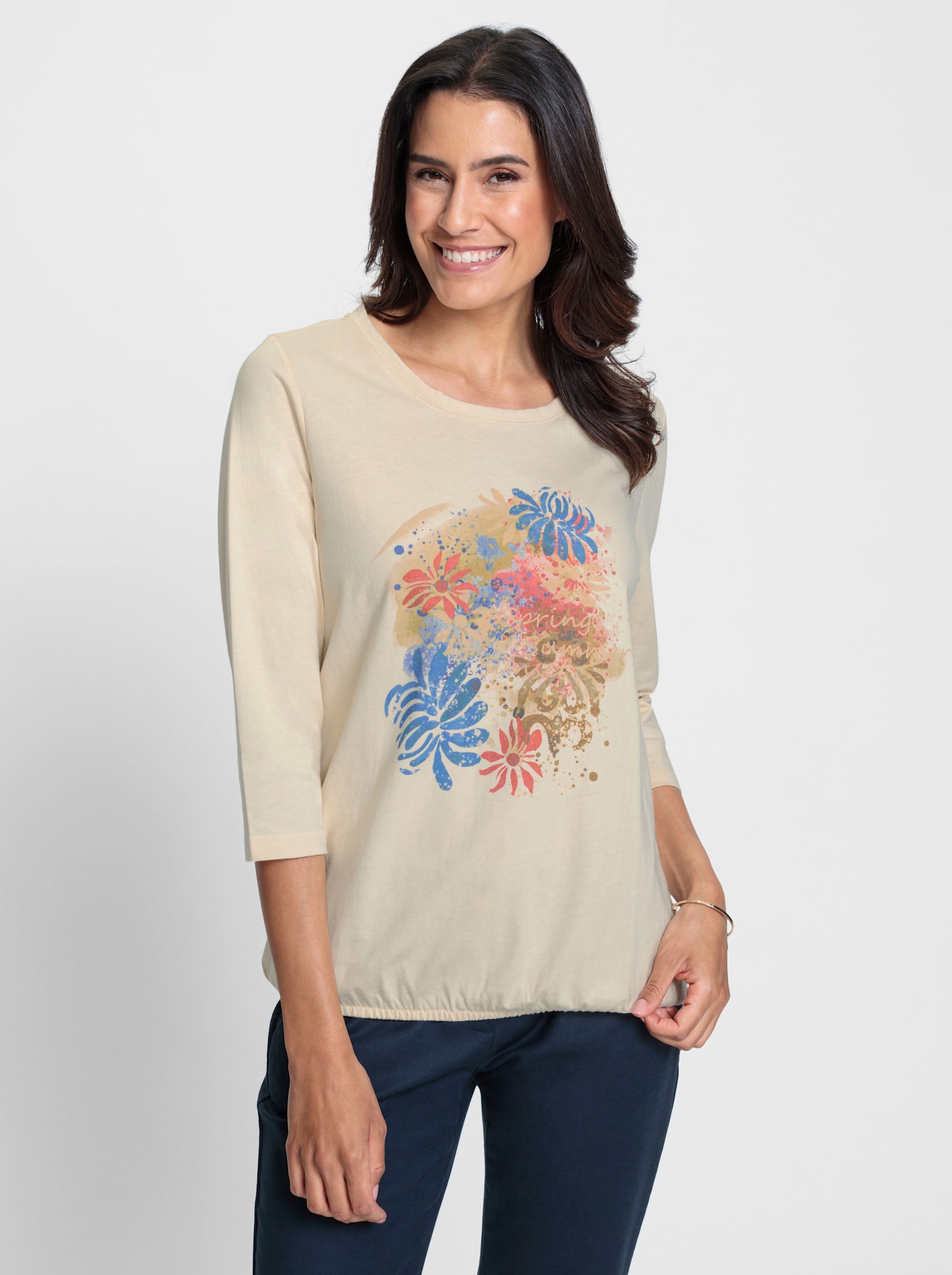 Shirt met 3/4-mouwen en elastische zoom - ivoor/duifblauw bedrukt