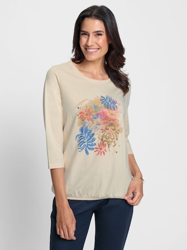 3/4-Arm-Shirt mit elastischem Saum - elfenbein-taubenblau-bedruckt