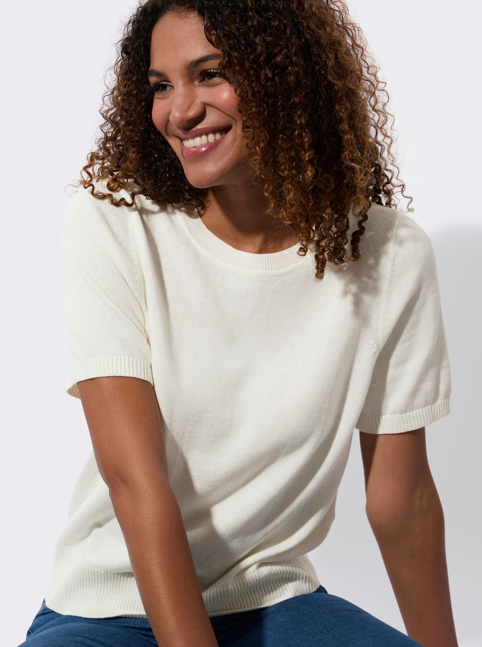 Bavlněný svetr s žebrovanými náplety - ecru