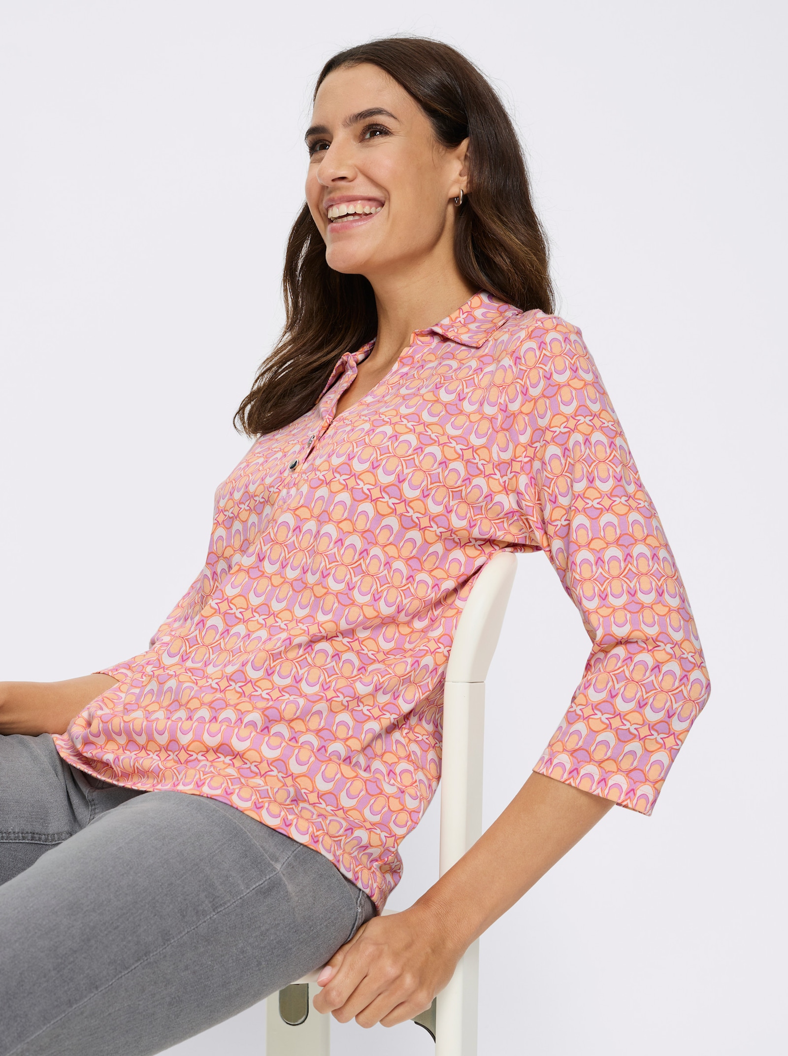 Pikétröja med knappslå - ecru-orkidé, med tryck