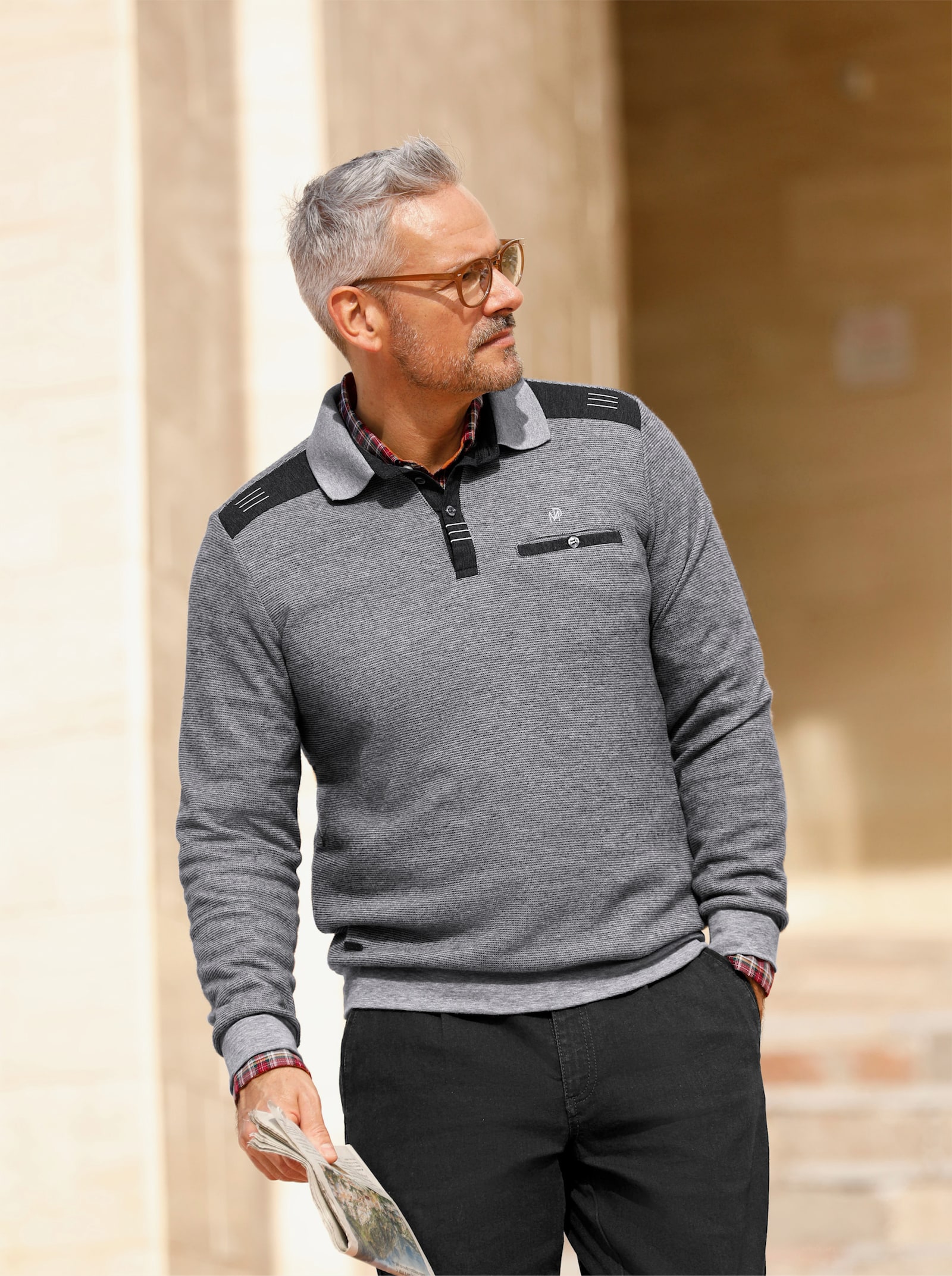 Marco Donati Sweatshirt mit Webbesätzen und Stickerei - graphit-meliert