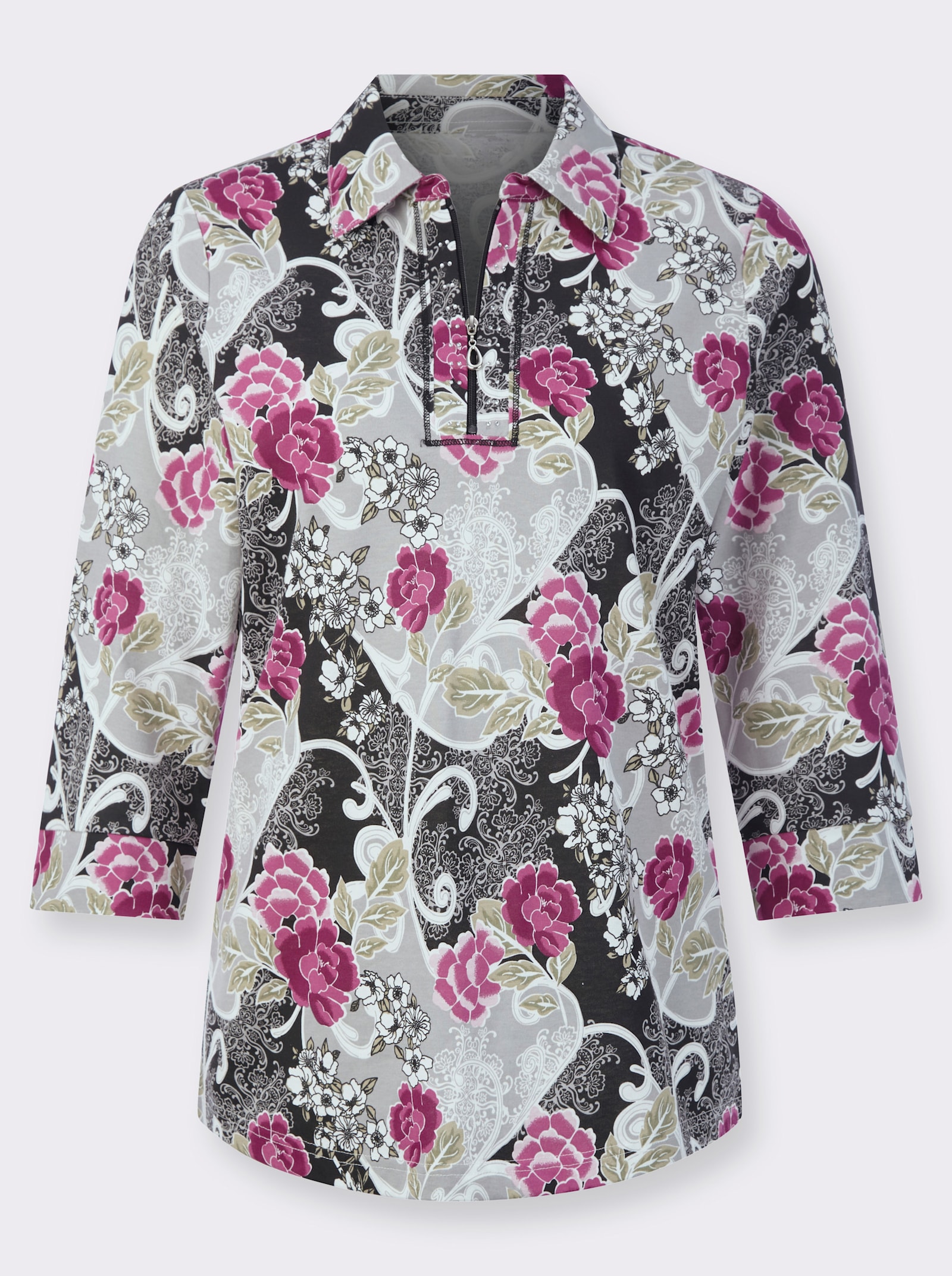 Poloshirt mit Glitzersteinchen - erika-steingrau-bedruckt