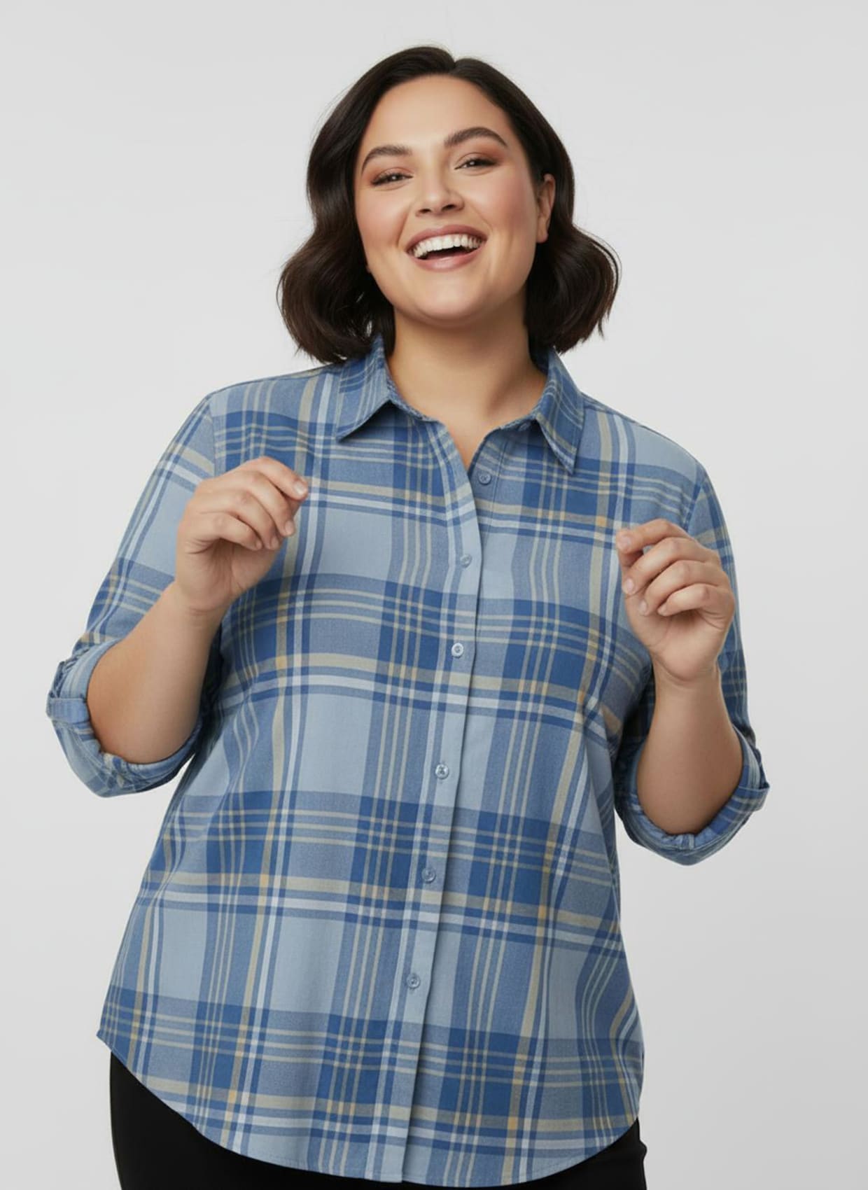 Karobluse mit Krempel-Ärmeln - eisblau-apricot-kariert