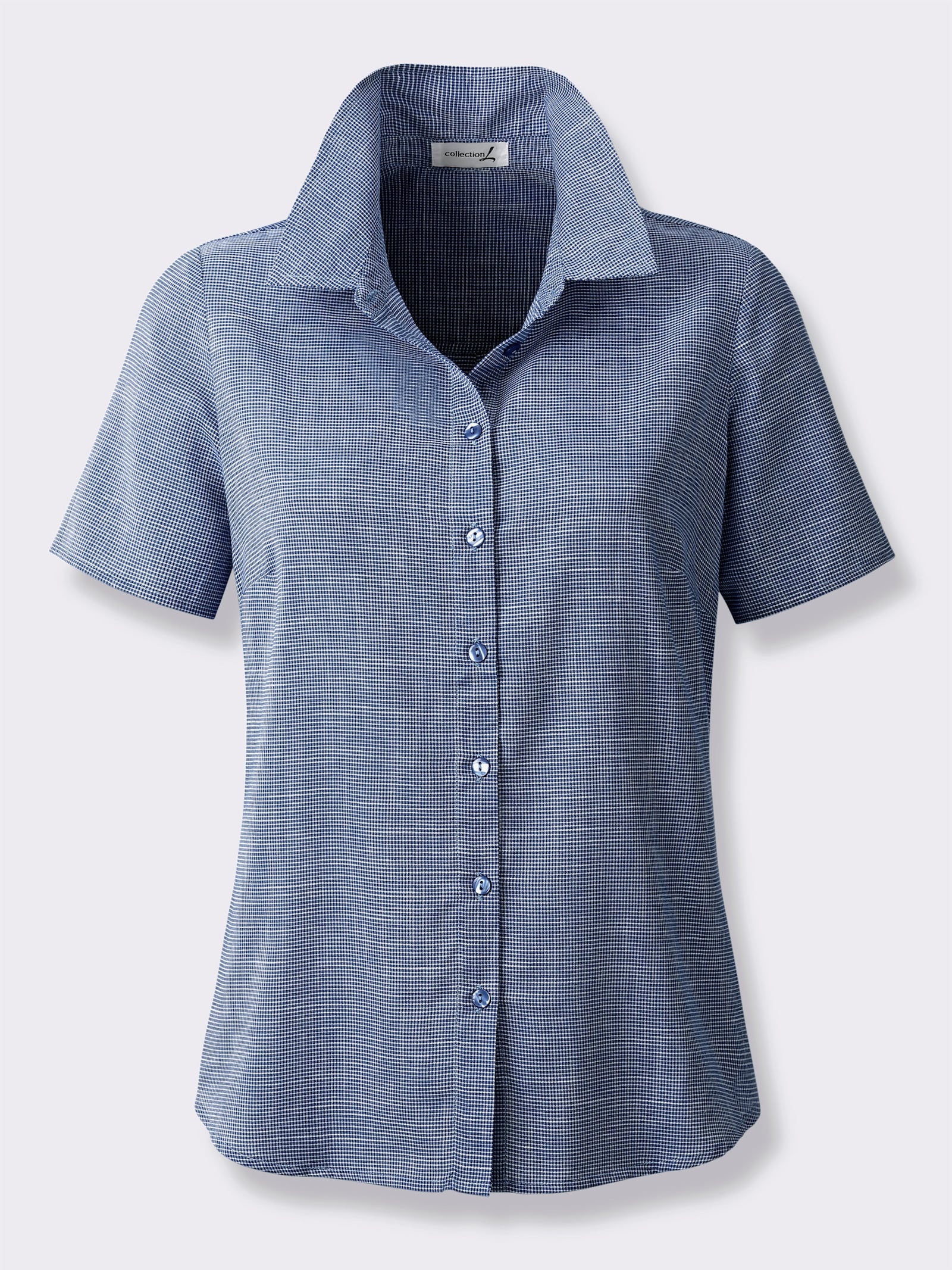 Kurzarm-Bluse mit abgerundetem Saum - jeansblau-weiss-gemustert
