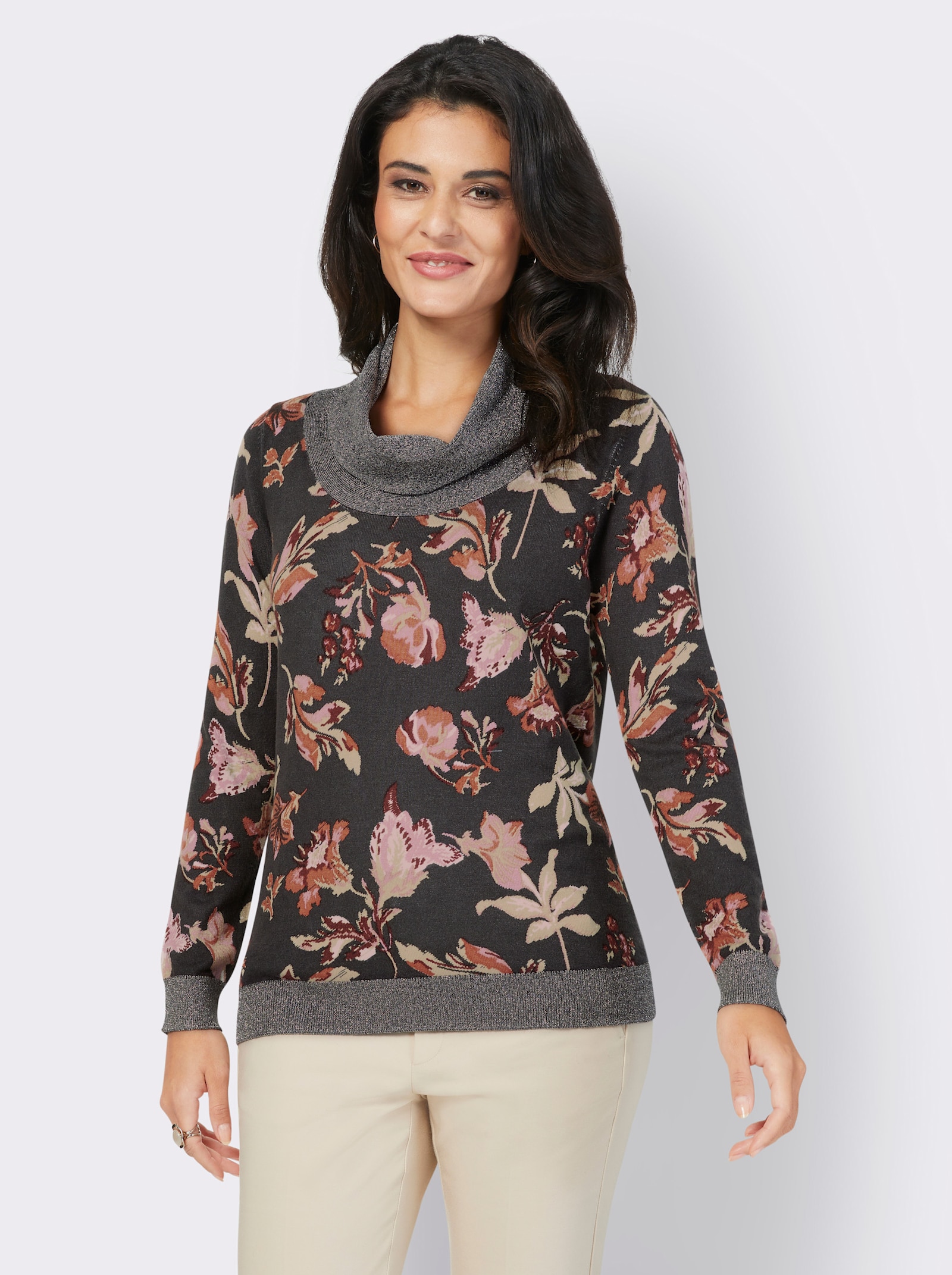 Rollkragenpullover mit goldfarbenem Garn - anthrazit-bedruckt