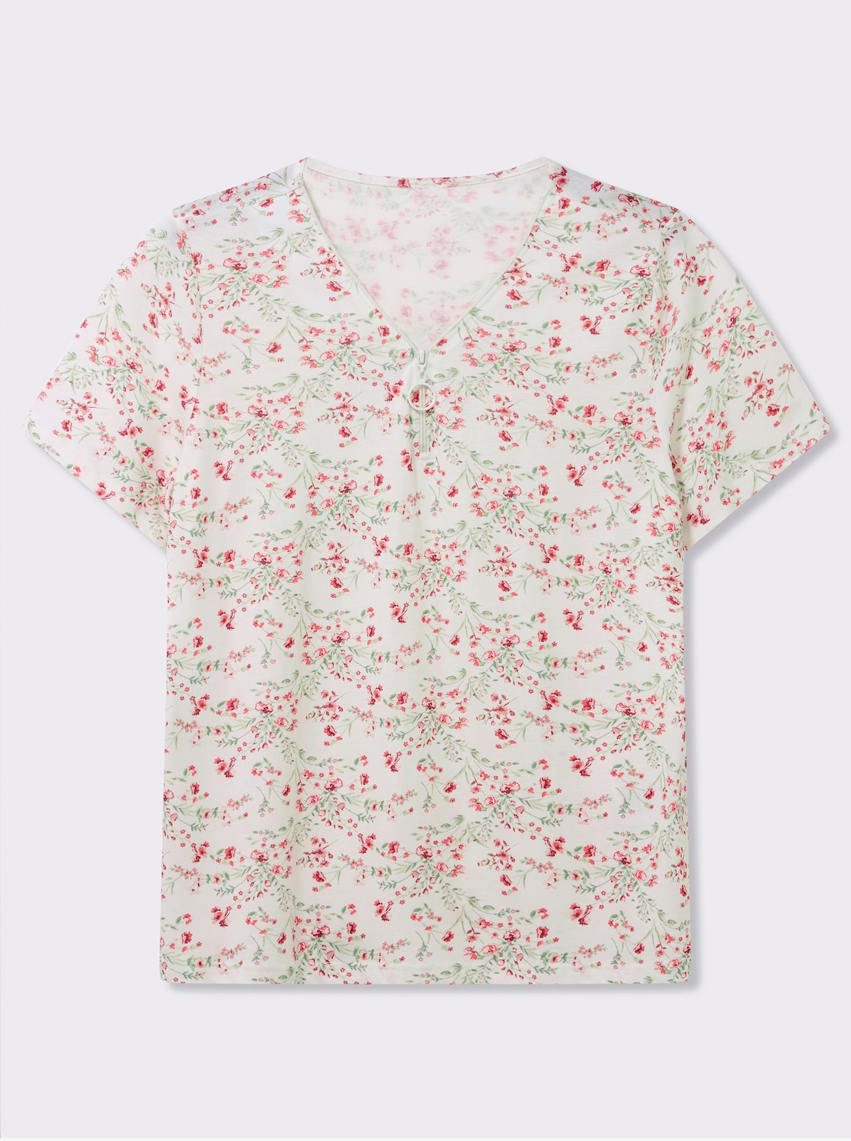 Kurzarmshirt mit Reißverschluss am Ausschnitt - ecru-hellrosé-gemustert