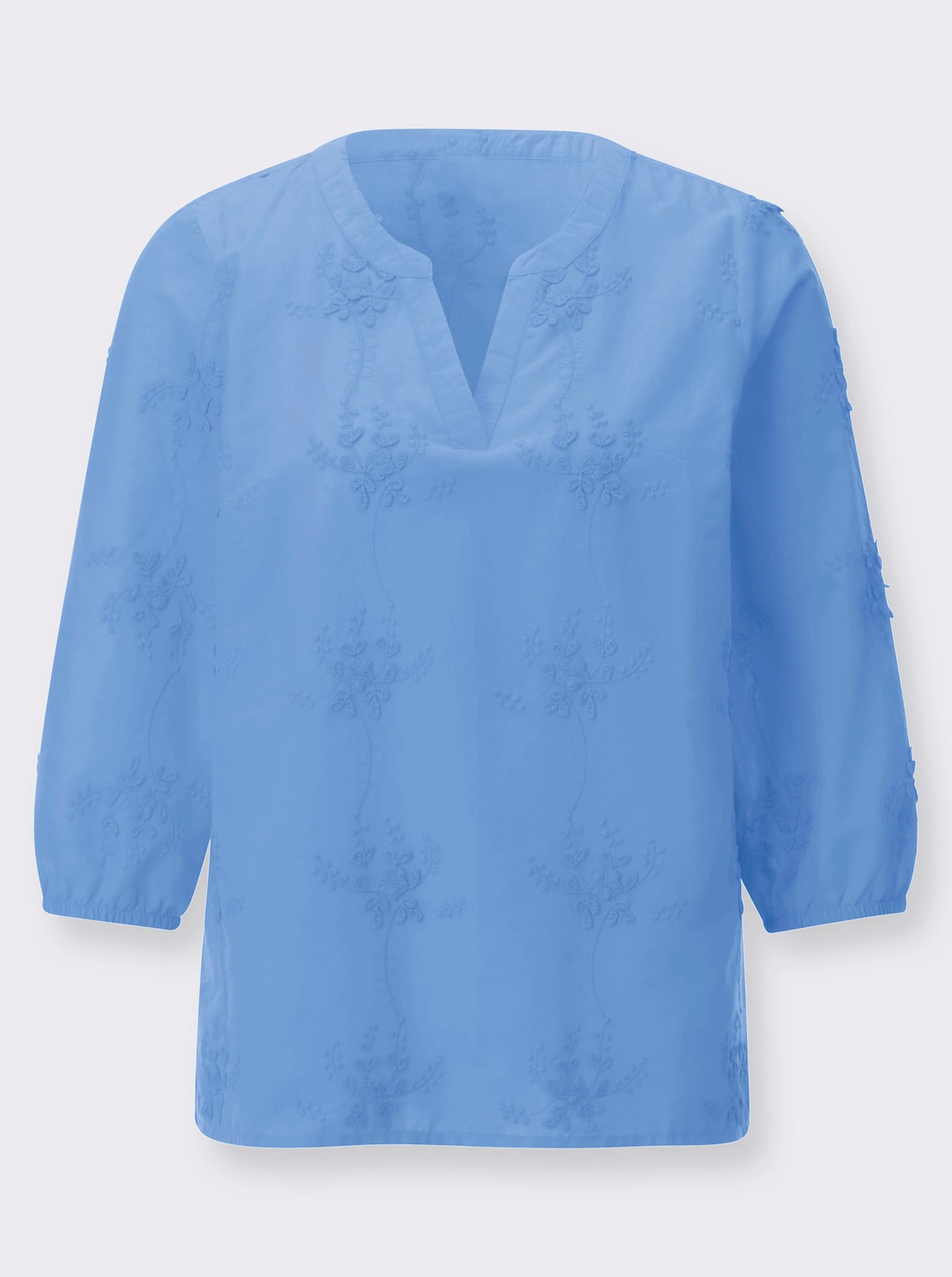 Baumwollbluse mit 3D-Blütenstickerei - himmelblau