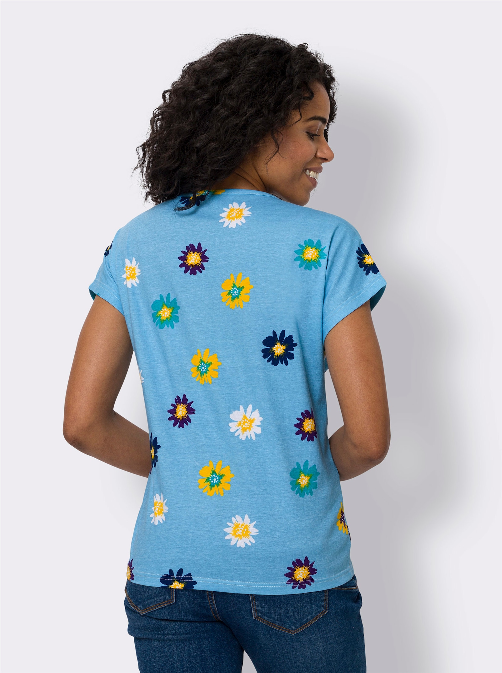 Kurzarmshirt aus Baumwolle, geblümt - aqua-weiss-bedruckt