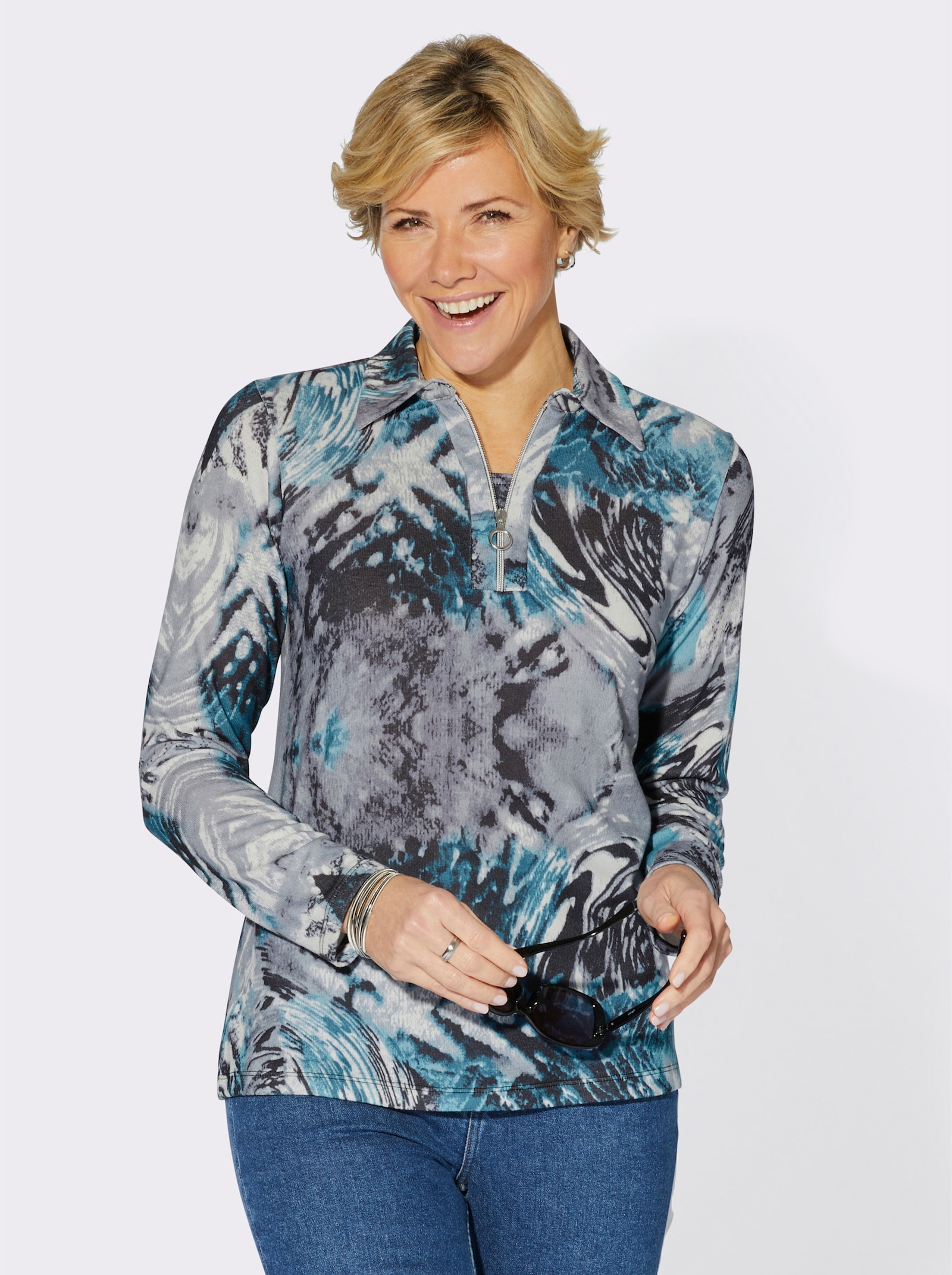 Poloshirt mit unterlegtem Reißverschluss - petrol-grau-bedruckt