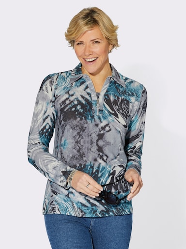 Poloshirt mit unterlegtem Reißverschluss - petrol-grau-bedruckt