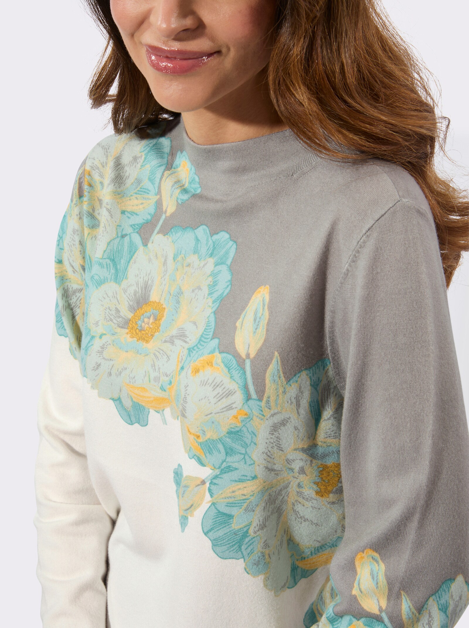 Langarm-Pullover mit Kelchkragen - ecru-salbei-bedruckt