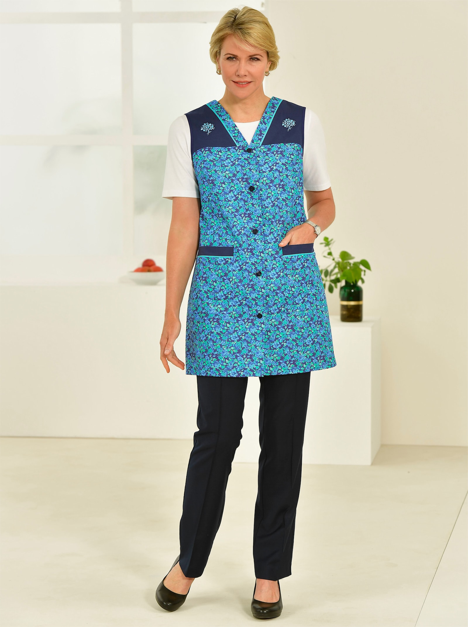 Kasack mit 2 Taschen - dunkelblau-bedruckt