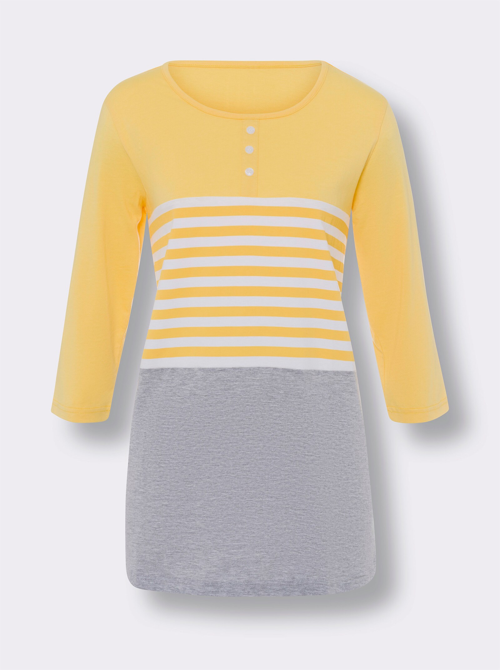Longshirt mit Streifen-Einsatz - gelb-weiß-bedruckt