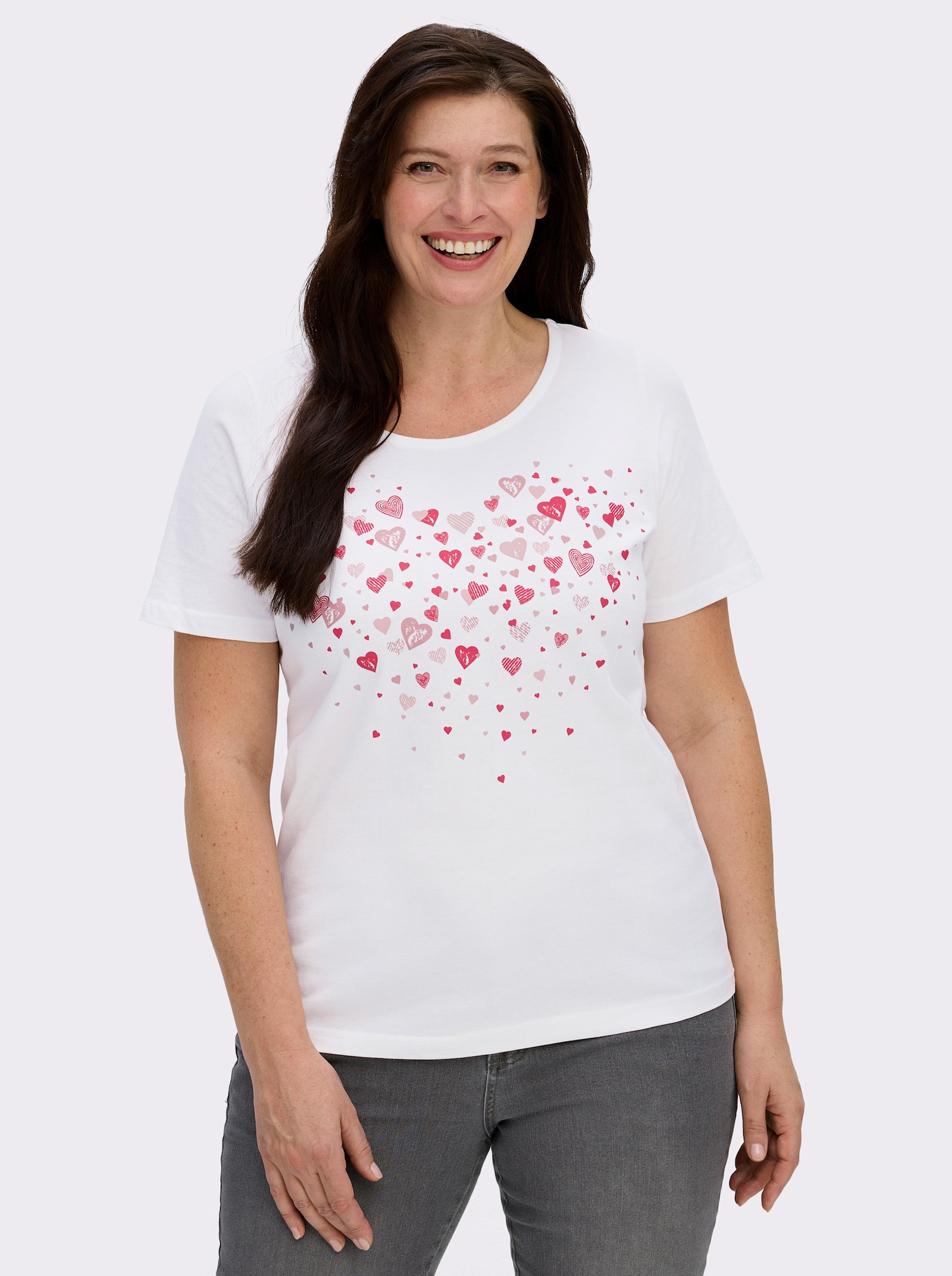 Kurzarmshirt mit Herz-Druck - weiß-pink