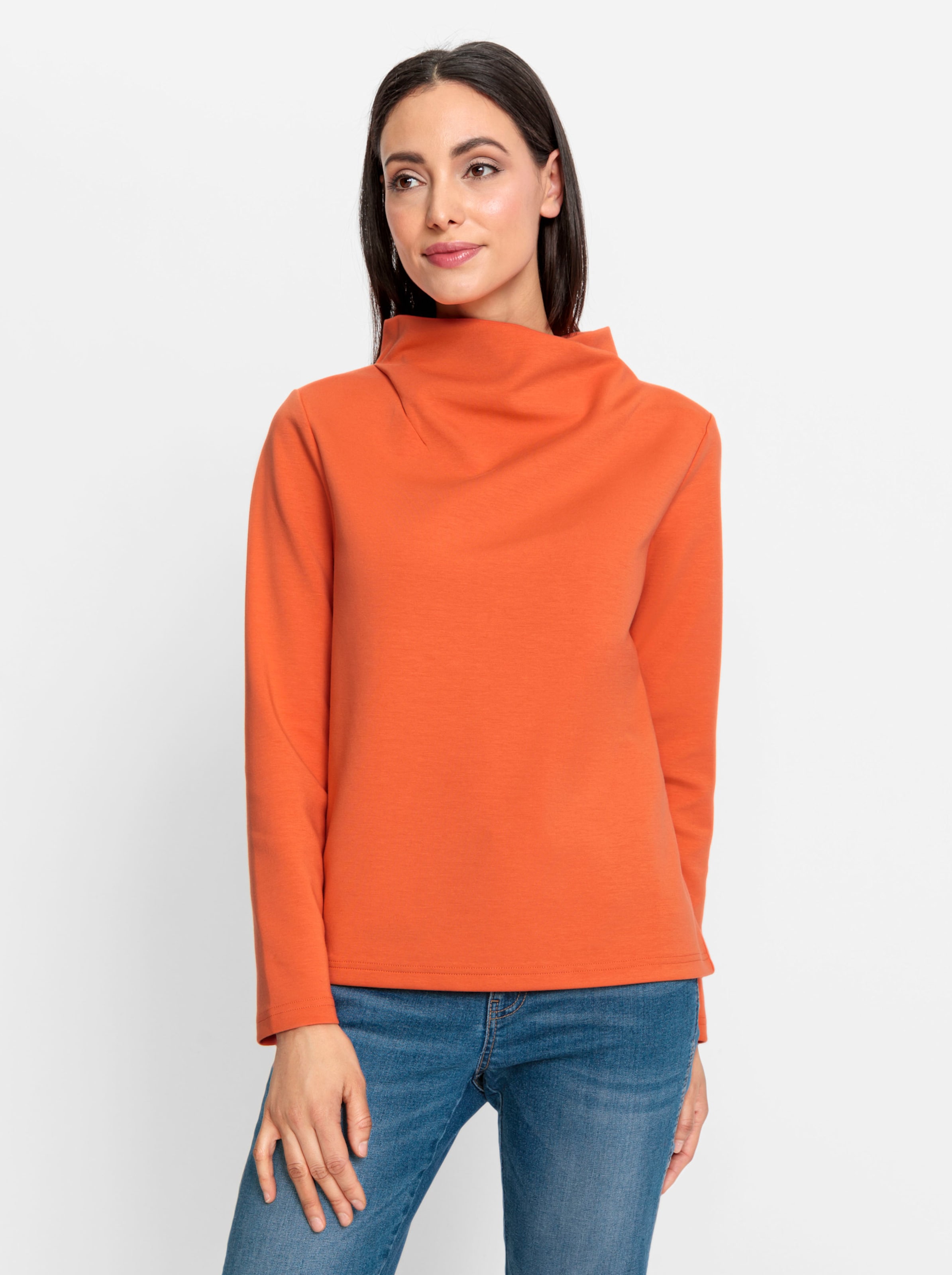 Langarm Shirt günstig Kaufen-Sweatshirt in orange von heine. Sweatshirt in orange von heine <![CDATA[Sweatshirt Raffiniert, mit überlappendem Stehkragen. Gerade Form mit Langarm. Hautsympathische Qualität mit seidig-mattem Glanz.]]>. 