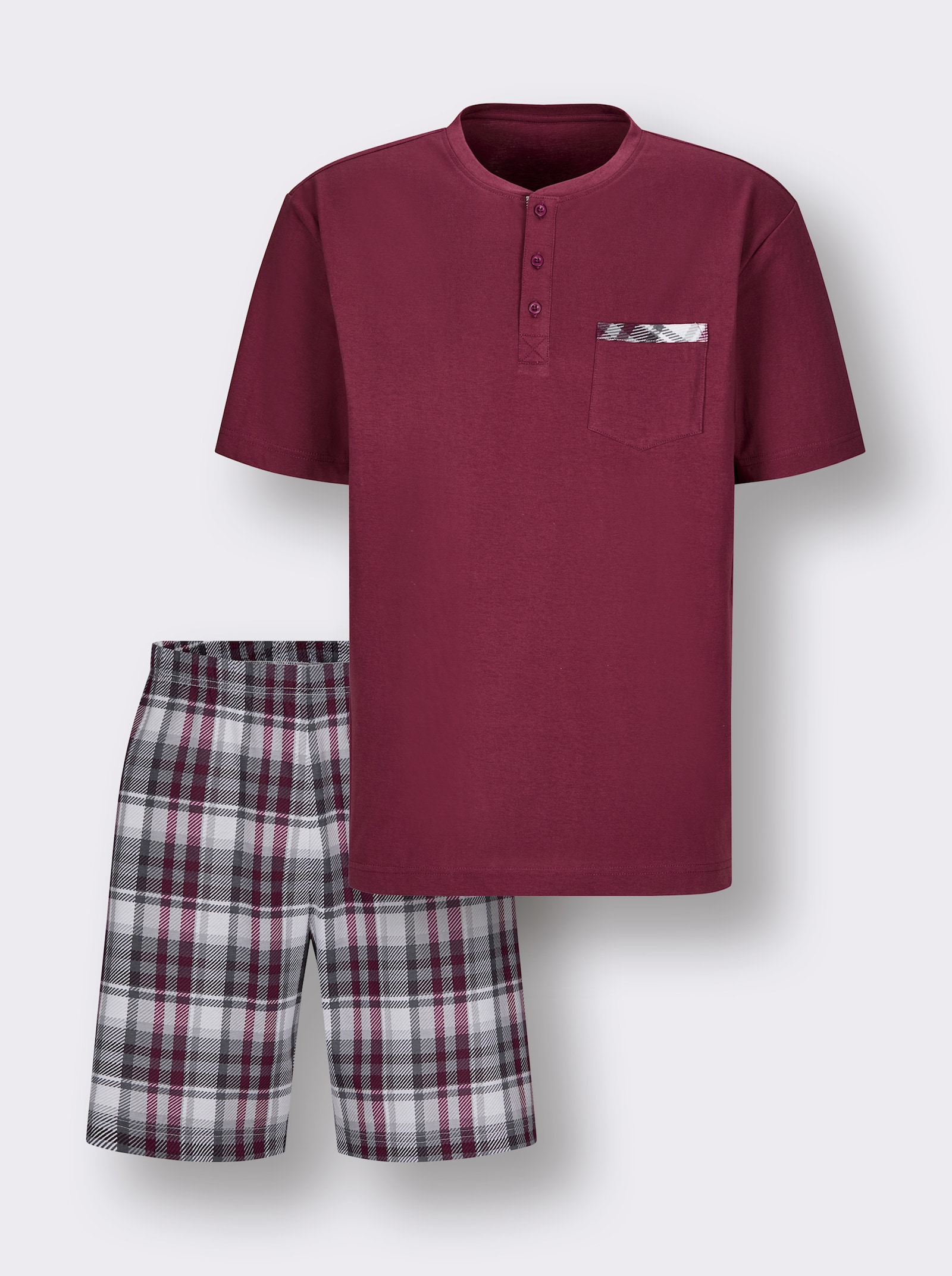 wäschepur men Shorty mit karierter Hose - bordeaux-steingrau-bedruckt