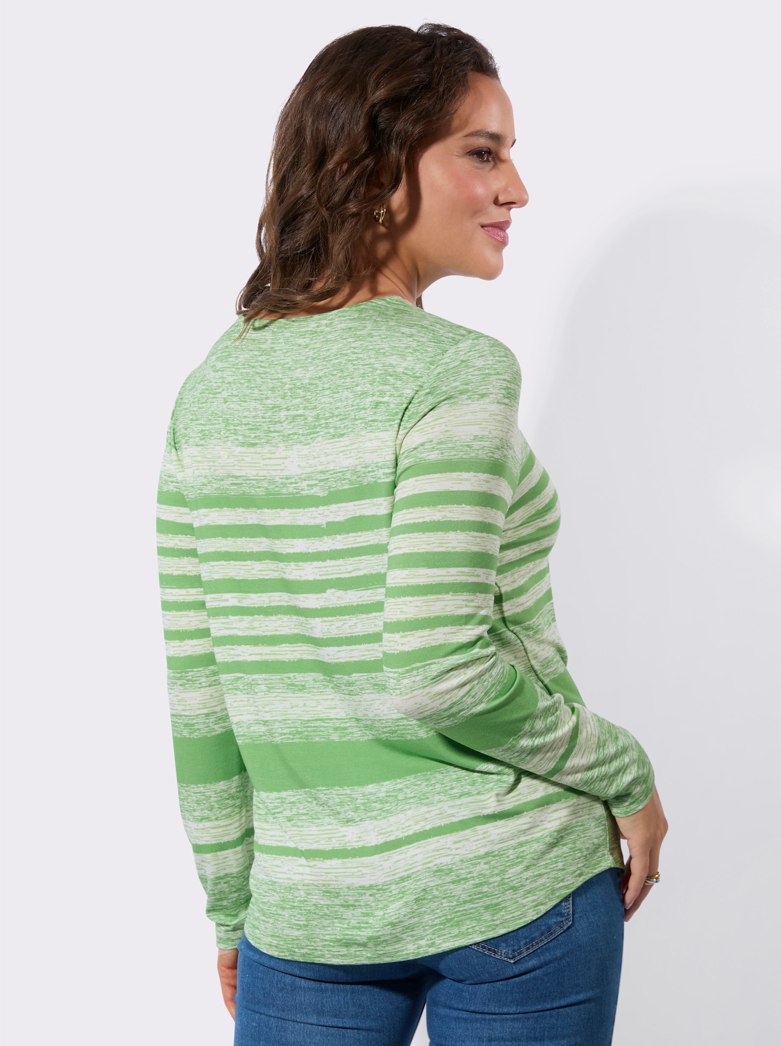 V-shirt met op dessin geplaatste print - appelgroen-ecru bedrukt