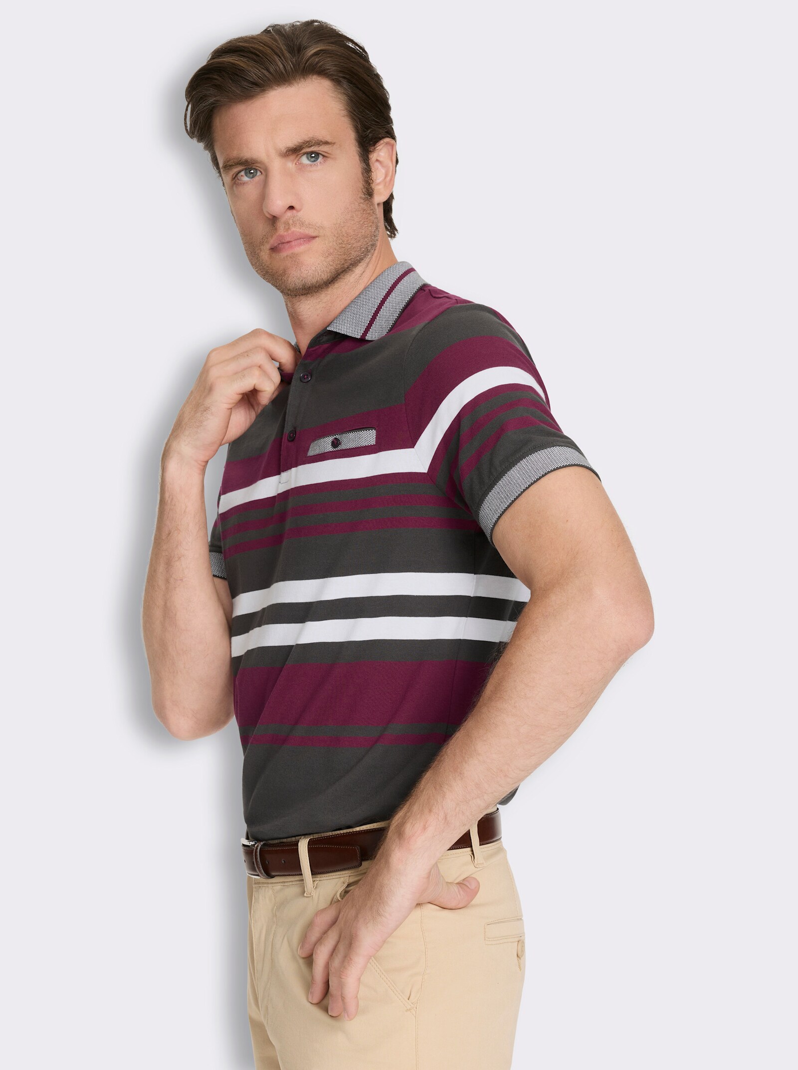 Marco Donati Kurzarmshirt mit knöpfbarer Brusttasche - ecru-bordeaux-gestreift