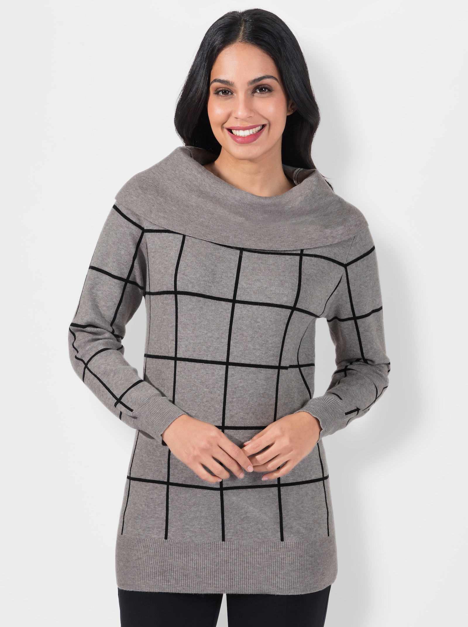 Pullover van jacquard met grote rolkraag - grijs gemêleerd