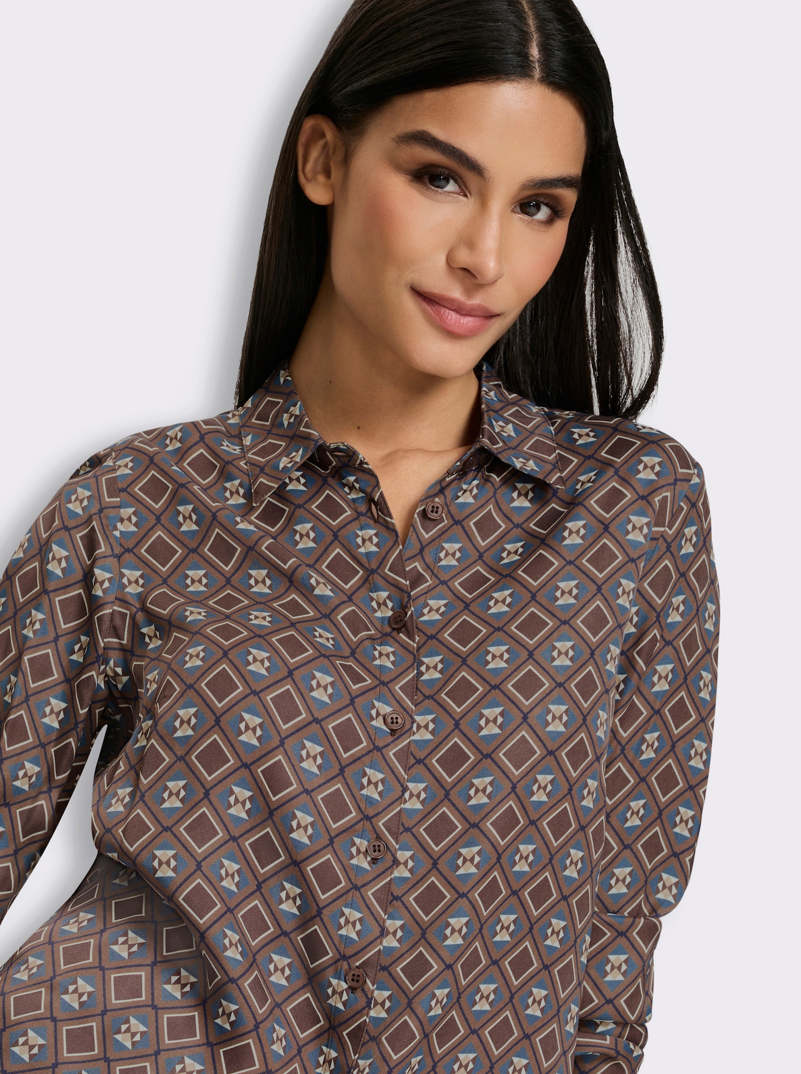 heine Hemdbluse mit Grafik-Print - schoko-rauchblau-bedruckt