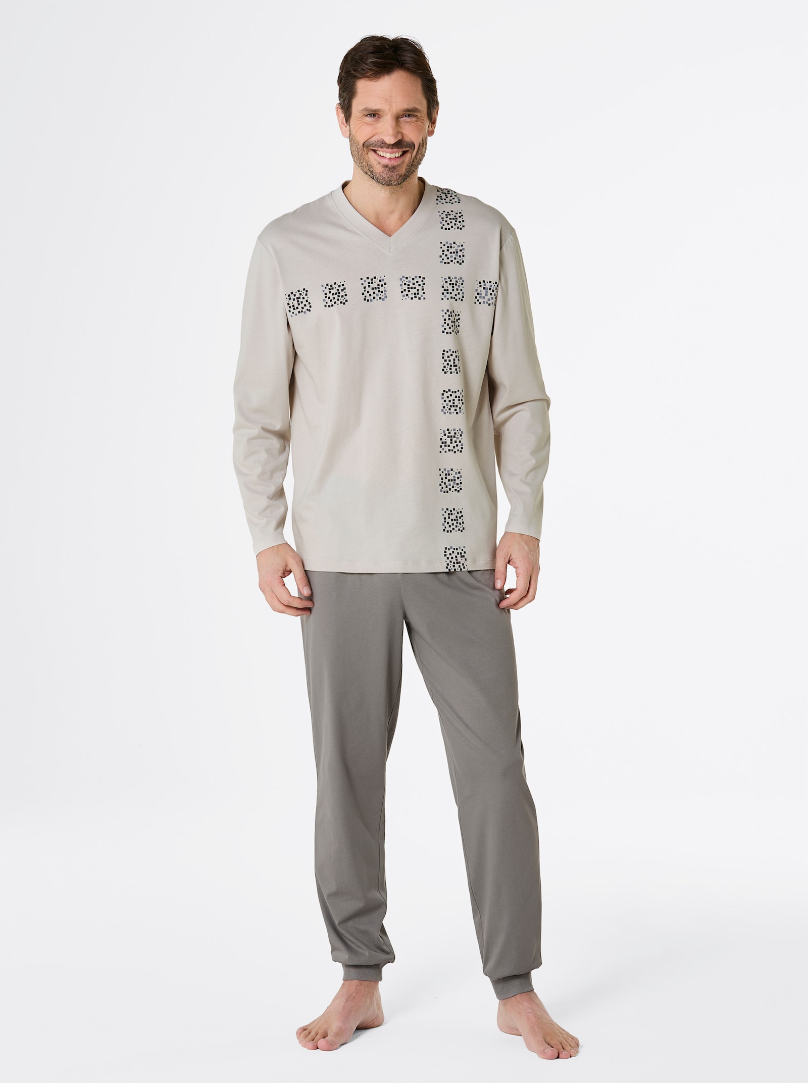 KINGsCLUB Schlafanzug Hose mit Rippbündchen - hellgrau-grau-bedruckt