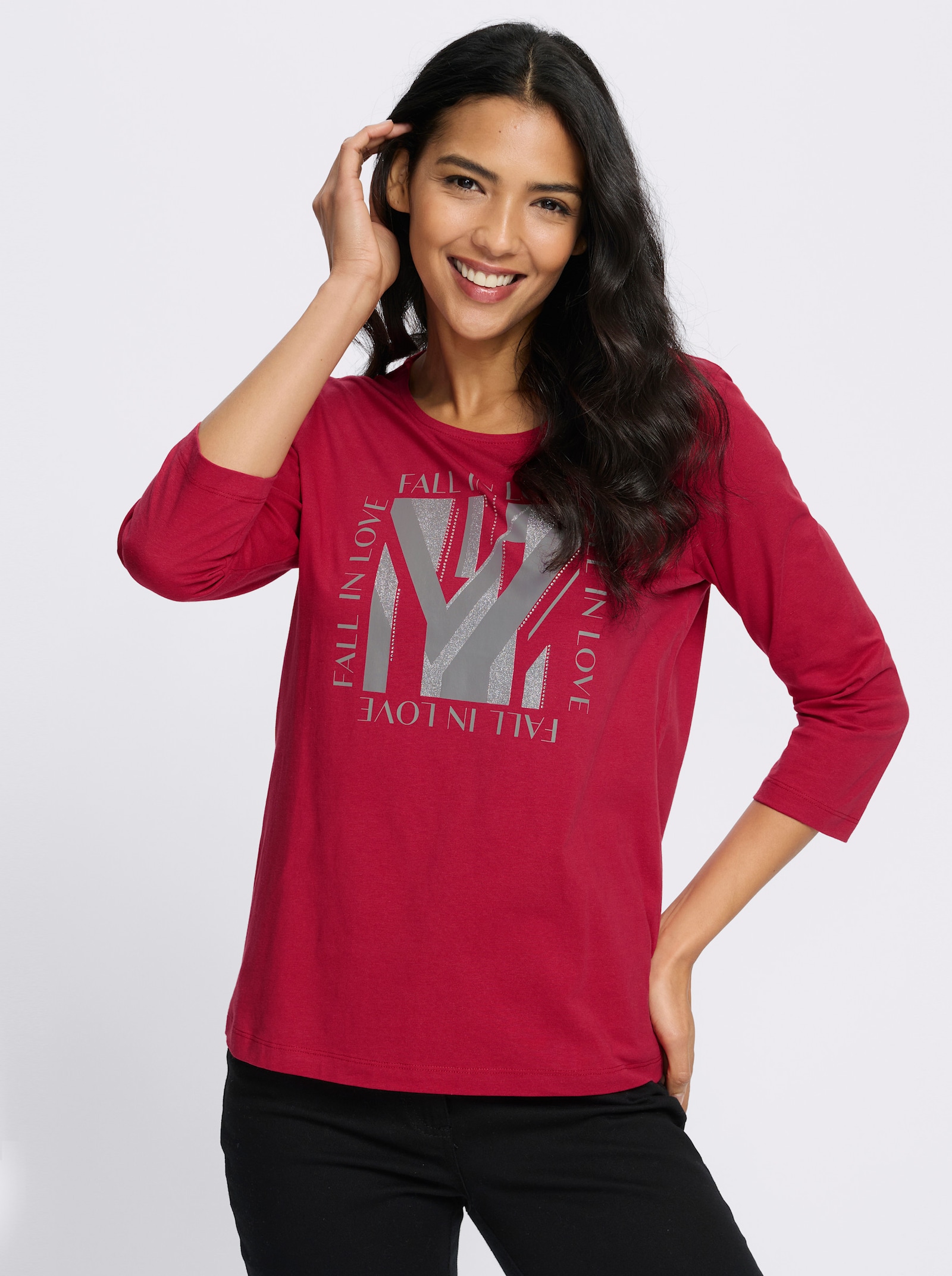 3/4-Arm-Shirt mit Glitzerdruck - rot-grau