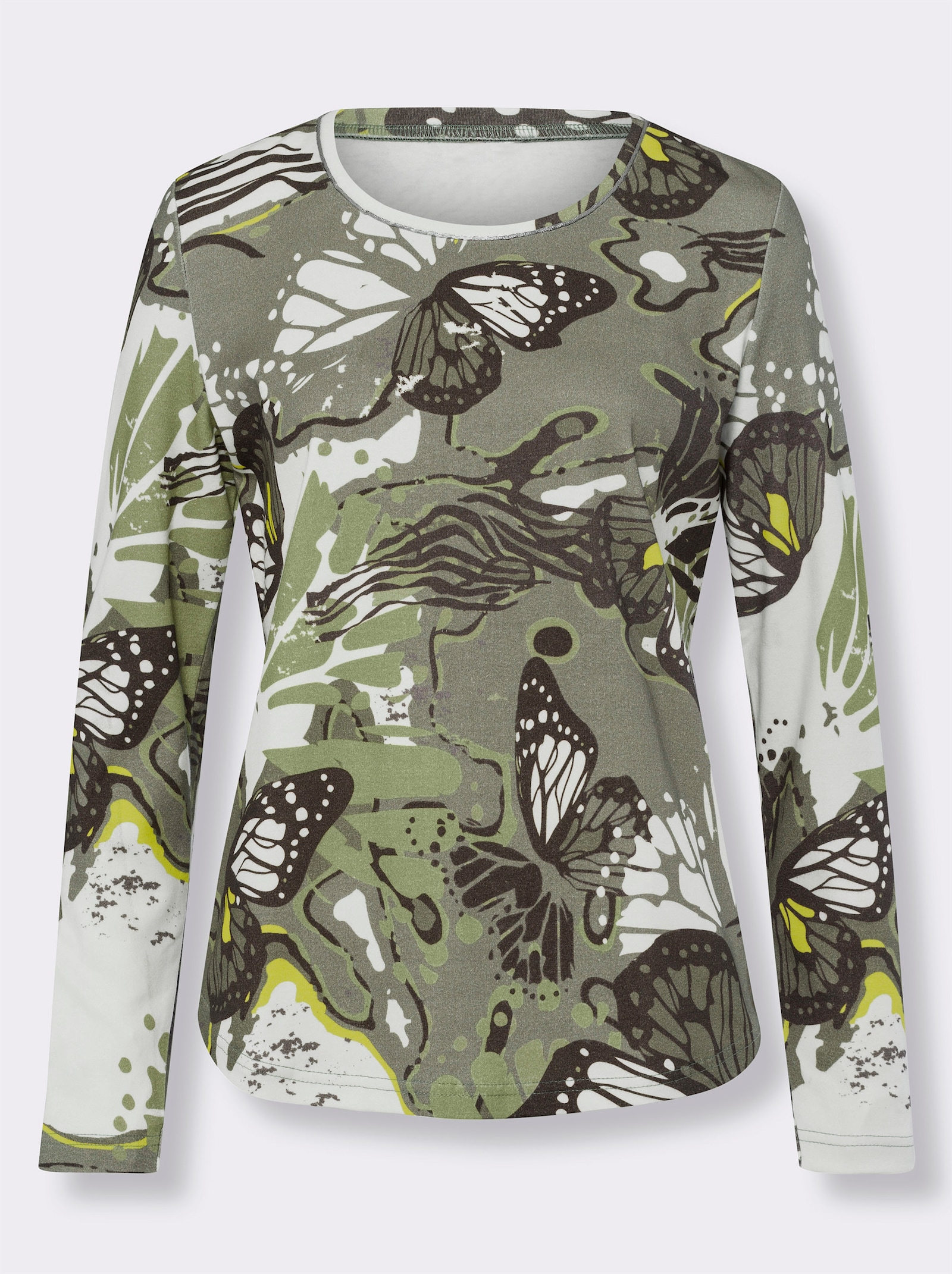 heine Rundhalsshirt mit abgerundetem Saum - khaki-ecru-bedruckt