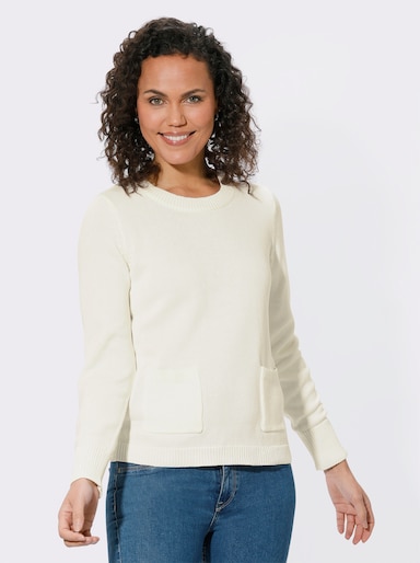 Rundhalspullover mit aufgesetzten Taschen - wollweiß