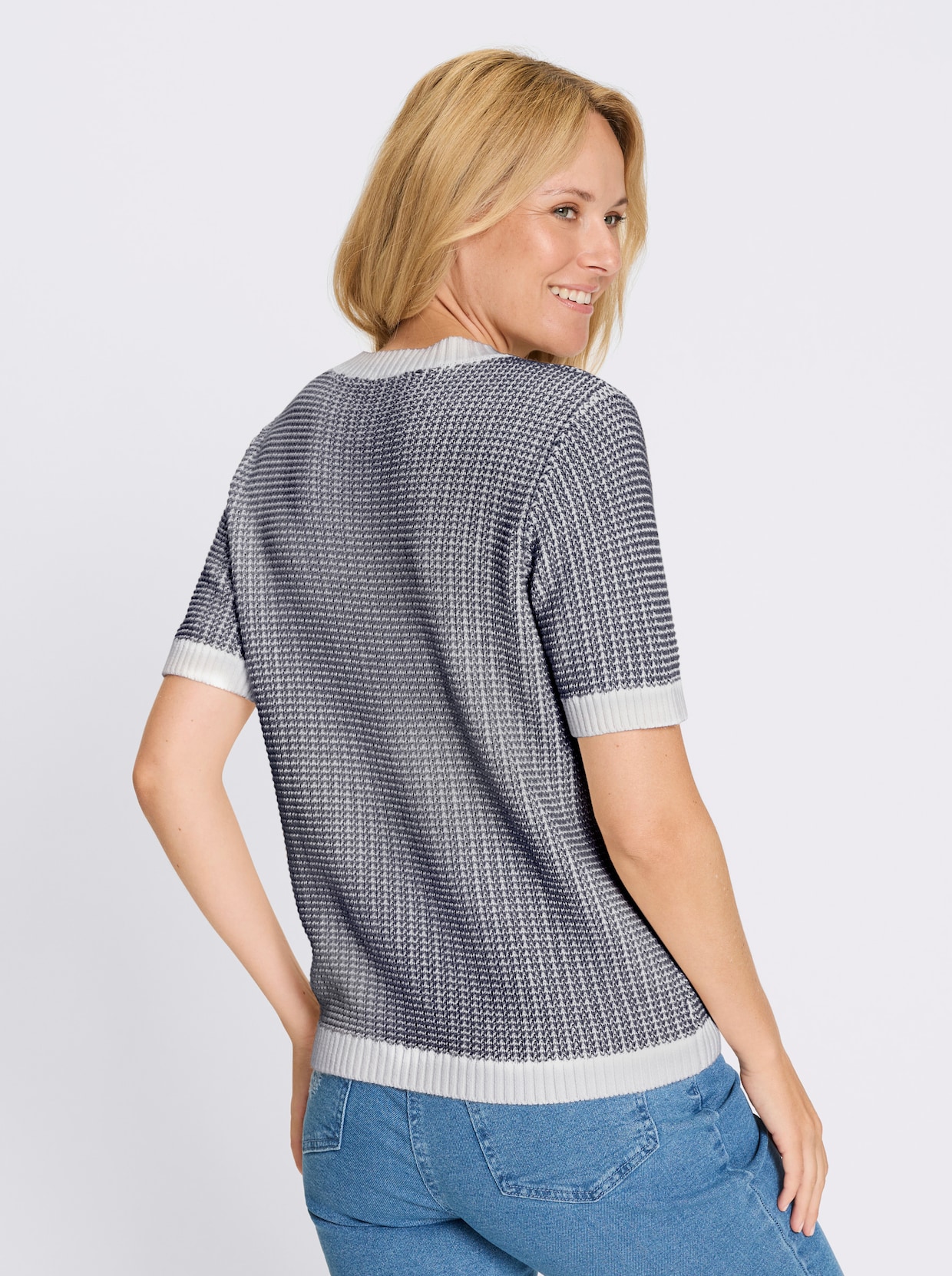 Kurzarmpullover - dunkelblau-ecru-gemustert